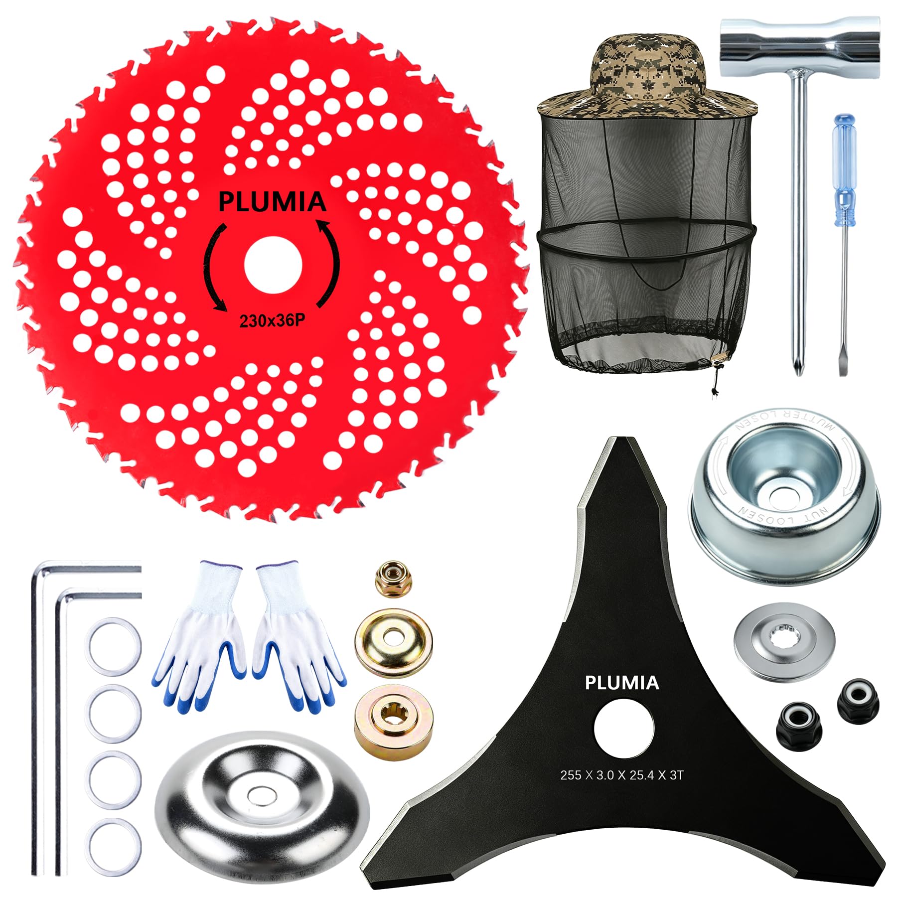 PLUMIA Lame per decespugliatore in acciaio al carbonio a 3 denti, 25,4 cm x 36 denti, con kit adattatore universale, compatibili con Husqvarna, Stihl, Oregon, Hitachi e altri (2 pezzi)