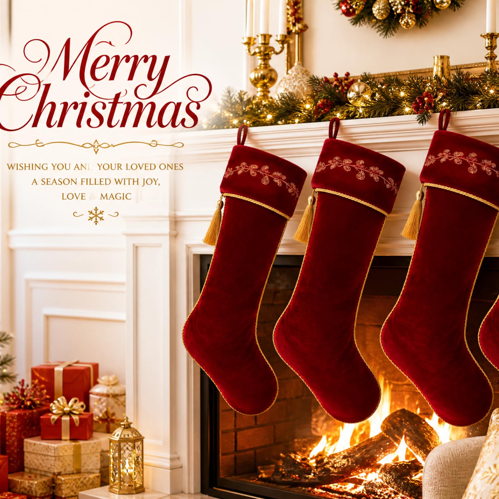 Kinlop 4 Stück 45,7 cm große rote Weihnachtsstrümpfe, Stechpalme, bestickt, Samt, Weihnachtsstrumpf, hängende dekorative Strümpfe, für Weihnachten, Familie, Kamin, Urlaub, Party-Dekorationen (Weinrot)