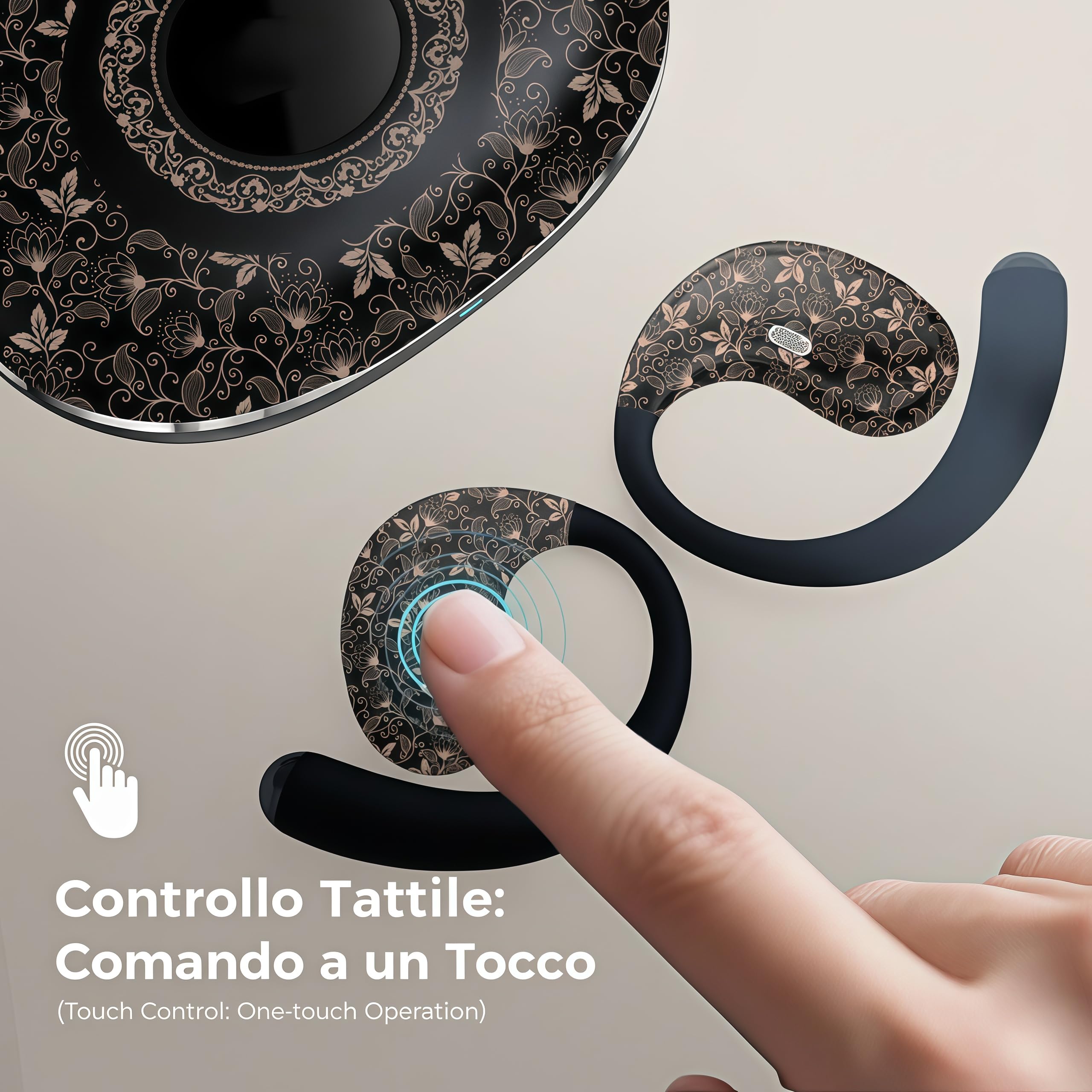 Cuffie Bluetooth Open Ear Con Motivo Nero Elegante,Auricolari Bluetooth Sport,36 Ore di Autonomia,Bluetooth 6.0,Leggere e Comode, per Sport ,Ufficio, Casa e Tempo Libero