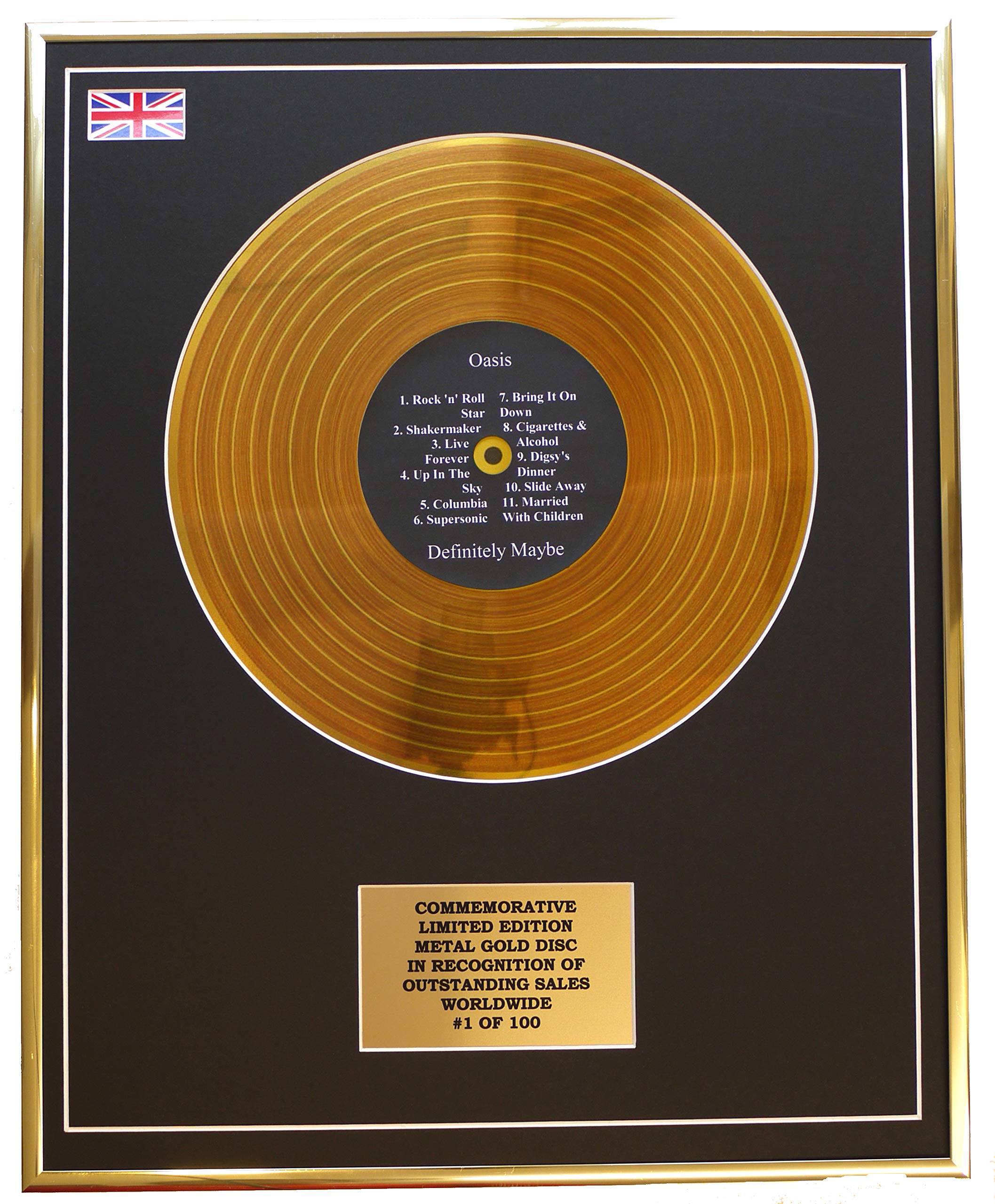 Limited Edition Metal Gold Disc Gold Oasis - Definitely Maybe Metal Record Display Commemorative Ltd Edition