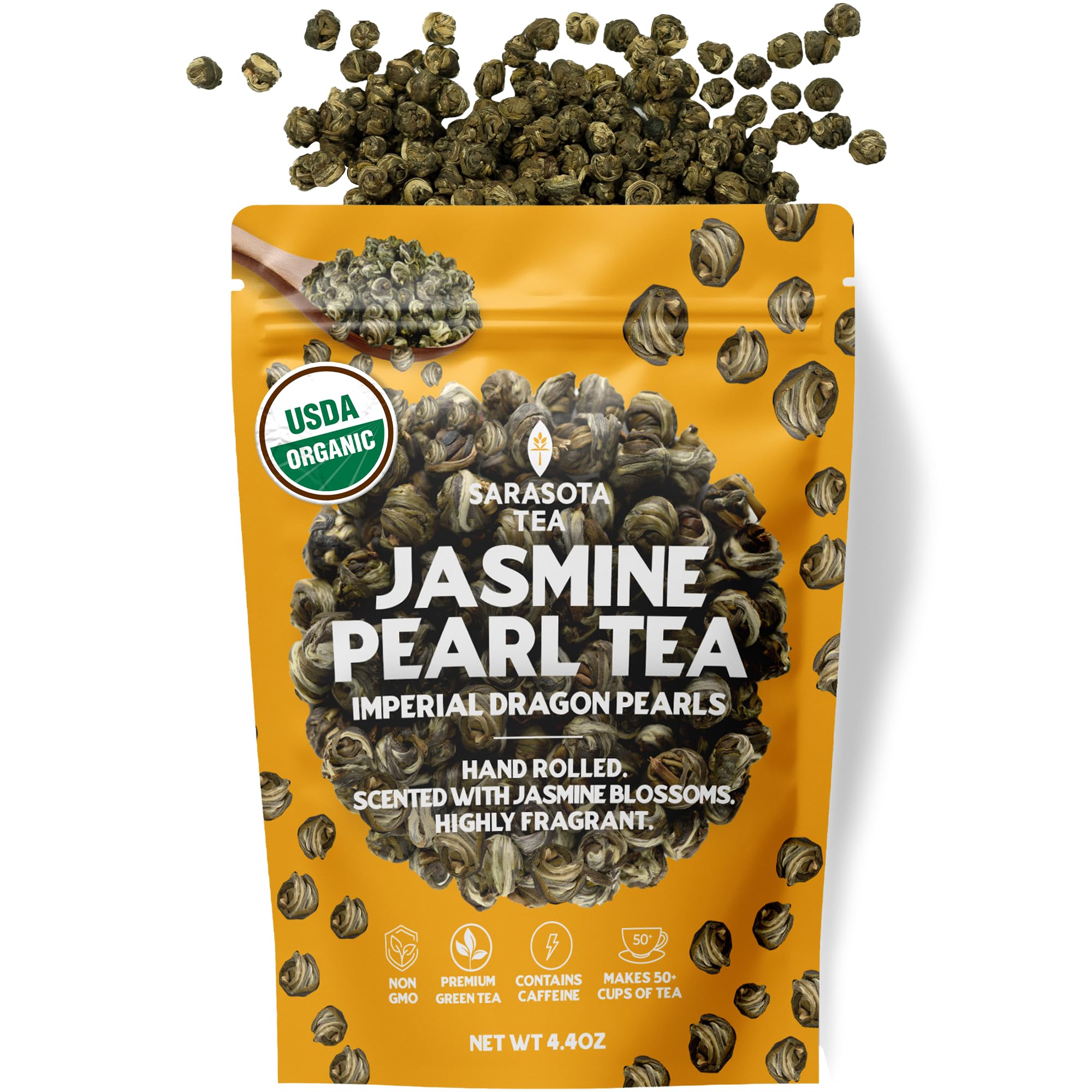 Organic Jasmine Pearls Loose Leaf Tea | Hand-Rolled Green Tea Scented with Jasmine Blossoms | USDA Organic | Premium Dragon Pearls | 4.4oz Bag |