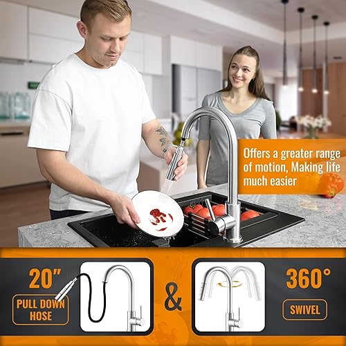 Vista 88 de APPASO Grifo de cocina cuadrado con filtro, grifos de fregadero de 3 vías negro mate con rociador extraíble, 2 modos, arco alto, moderno, 2 asas