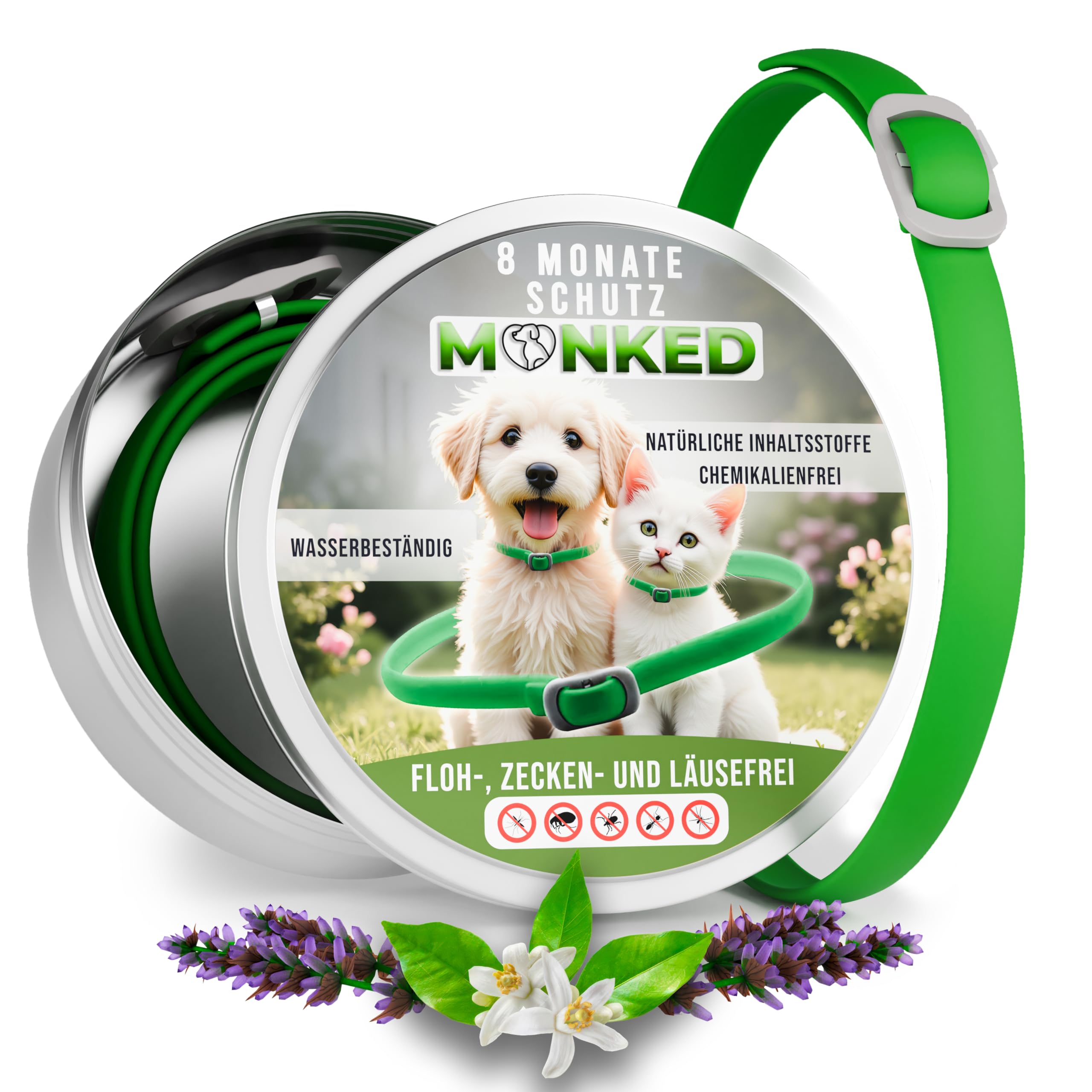 Monked | Natürliches Halsband für Hunde ohne Chemie | Bis zu 8 Monate Schutz | Anti-Zecken & Flohschutz | Verstellbar für alle Größen | Langzeit Zeckenschutz (Grün, Universal)