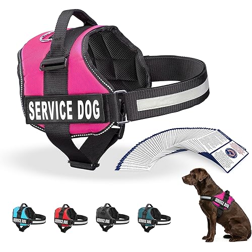 Industrial Puppy Service Dog Vest Harness - Durable & Adjustable Vest for Dog with Reflective Straps, Removable Patches, 50 ADA Cards, Handle & D-Ring, Travel and Daily Use, (Hot Pink, Large 27"-33")