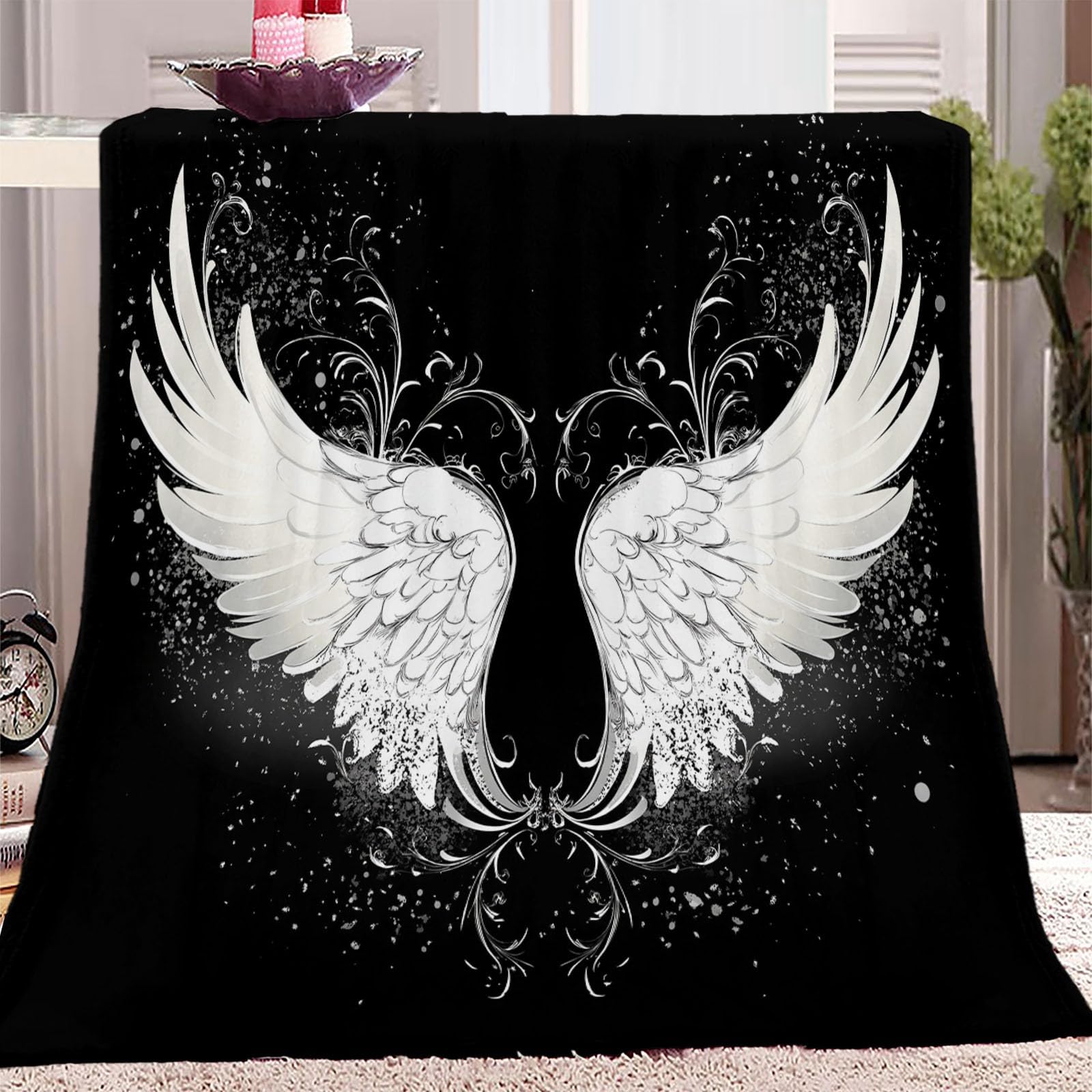 Dekoracyjny biały koc flanelowy z wełny, 180 x 220 cm Koc na łóżko, ciepły i miękki flanelowy, gruby flanelowy koc na sofę, odpowiedni na wszystkie pory roku, czarny
