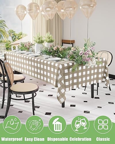 Miniatura 7 de Smiry Paquete de 8 manteles desechables a cuadros, mantel de plástico impermeable de 54 x 108 pulgadas, manteles rectangulares a cuadros caqui y