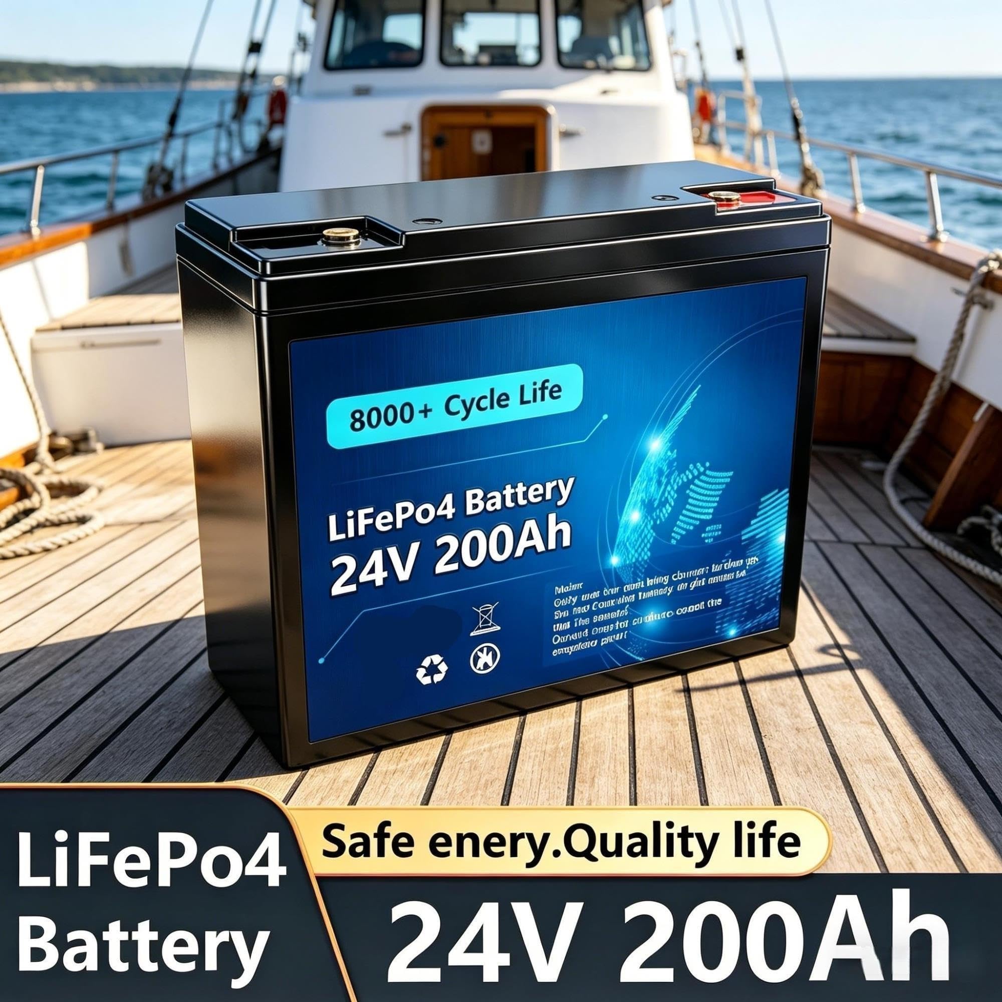 Batería LiFePO4 de 24 V y 200 Ah, BMS Incorporado, 8000+ de Profundidad
