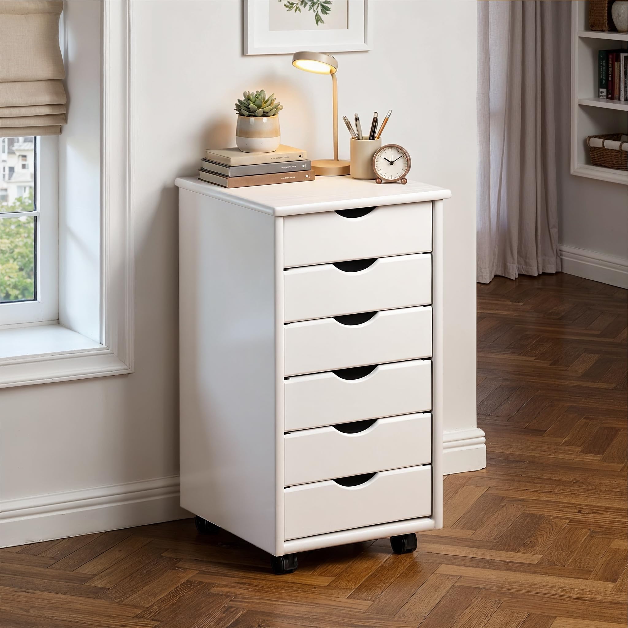 Inter Link – Caisson de bureau à roulettes – Avec tiroirs – Meuble de rangement mobile - Pin massif - 6 tiroirs – Blanc vernis