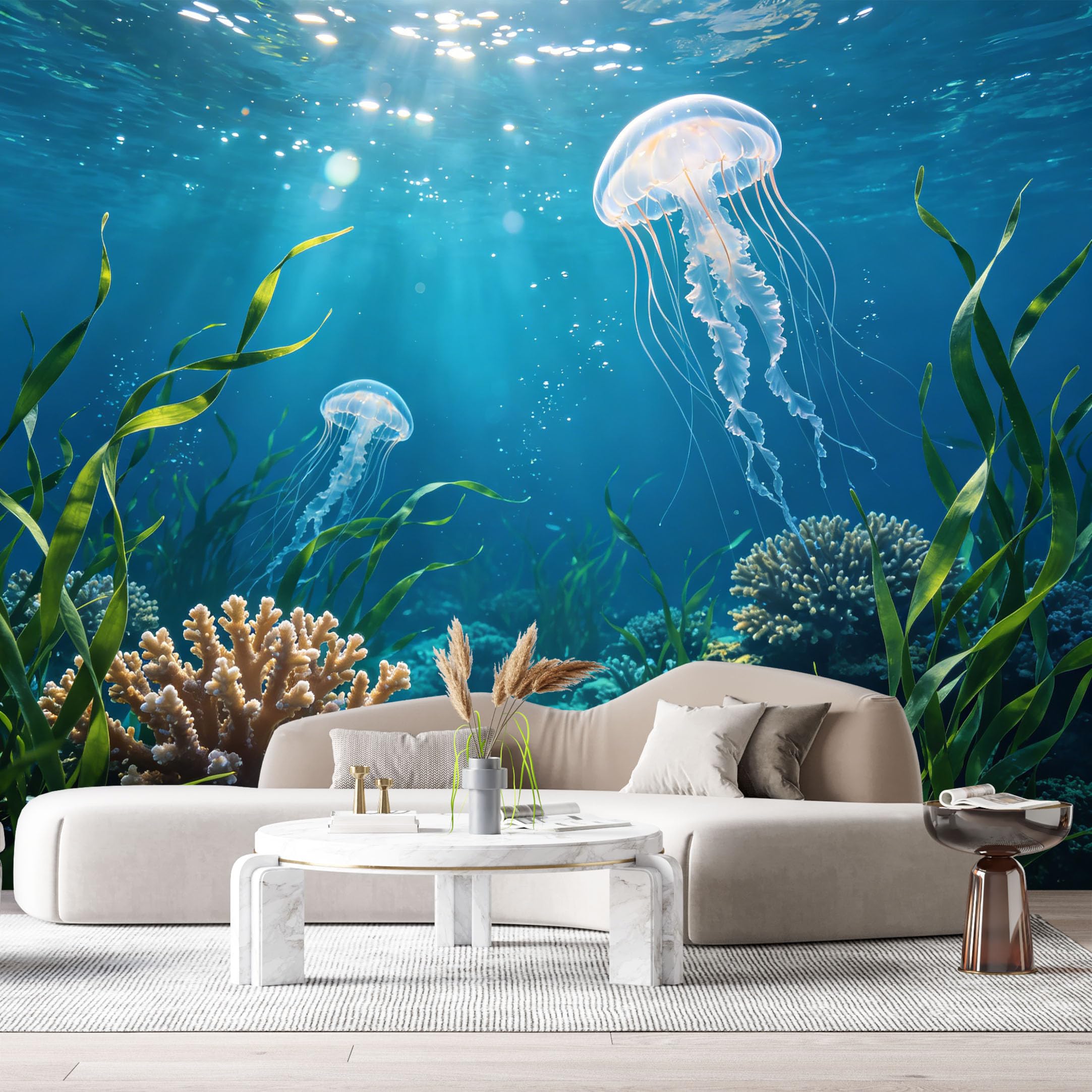 Custom Size Wall Murals Underwater Ocean Marine 3D Jellyfish Coral Reef SelfAdhesiveWall Fabric Removable Wallpaper Wall Decor for Living Room Bedroom Bathroom