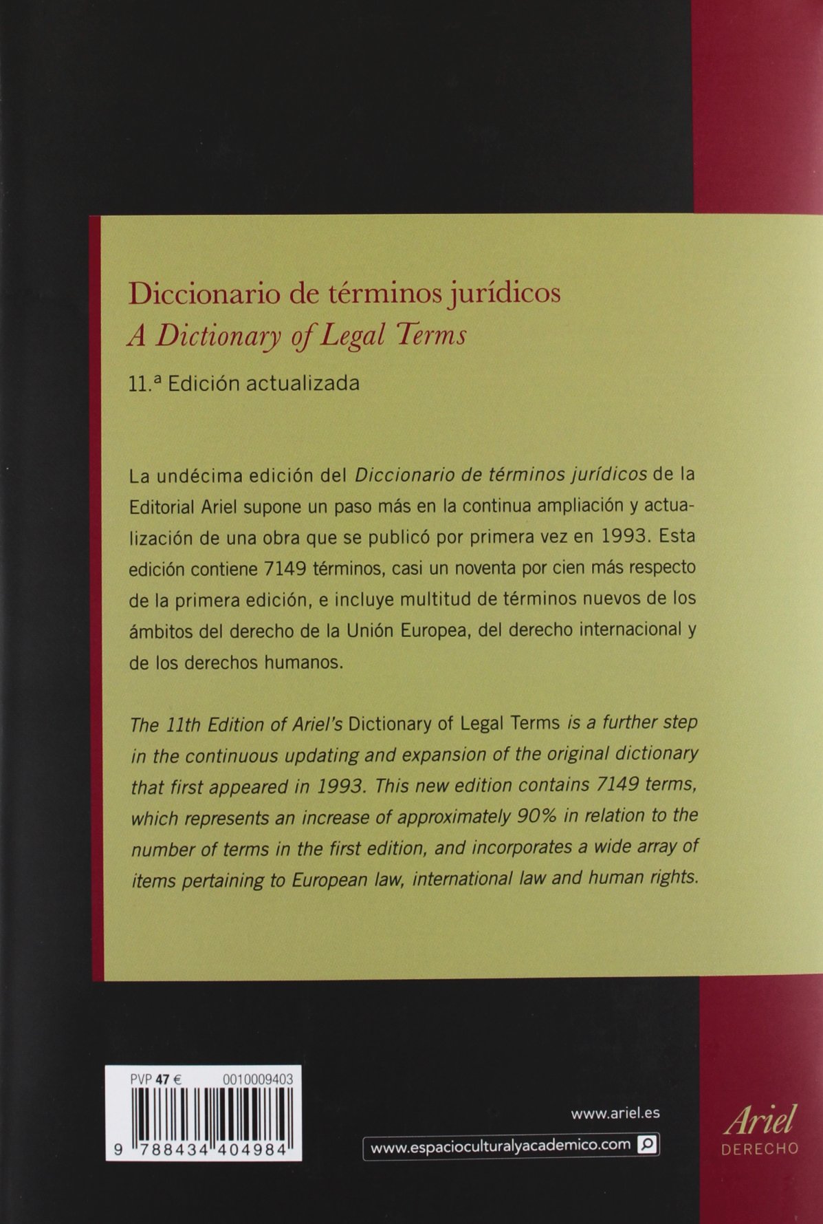 Diccionario de términos jurídicos: A Dictionary of Legal Terms. Inglés-Español / Spanish-English (Ariel Derecho)
