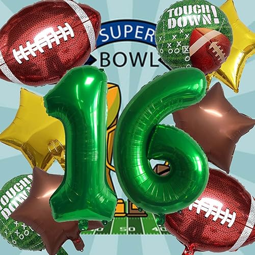 Miniatura 4 de Juego de globos de fútbol americano para decoración de cumpleaños de 16 años, globos de rugby dorado y marrón, estrella de campo de rugby para