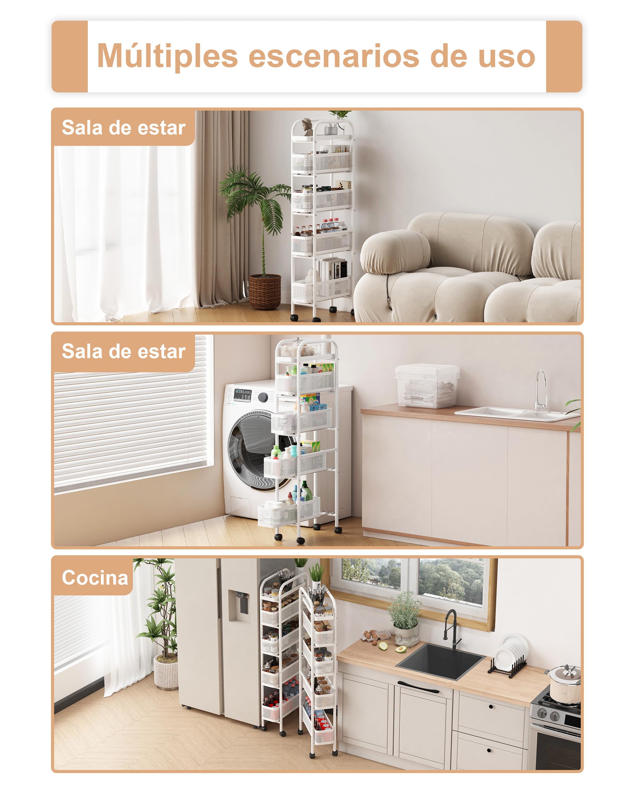 UMDONX Carrito auxiliar con ruedas con cajones extraíbles, Carro de servicio de 5 niveles, Carrito Cocina Ahorra Espacio Estanteria Estrecha Carrito Cocina para cocina, baño, dormitorio, salón(Blanco)