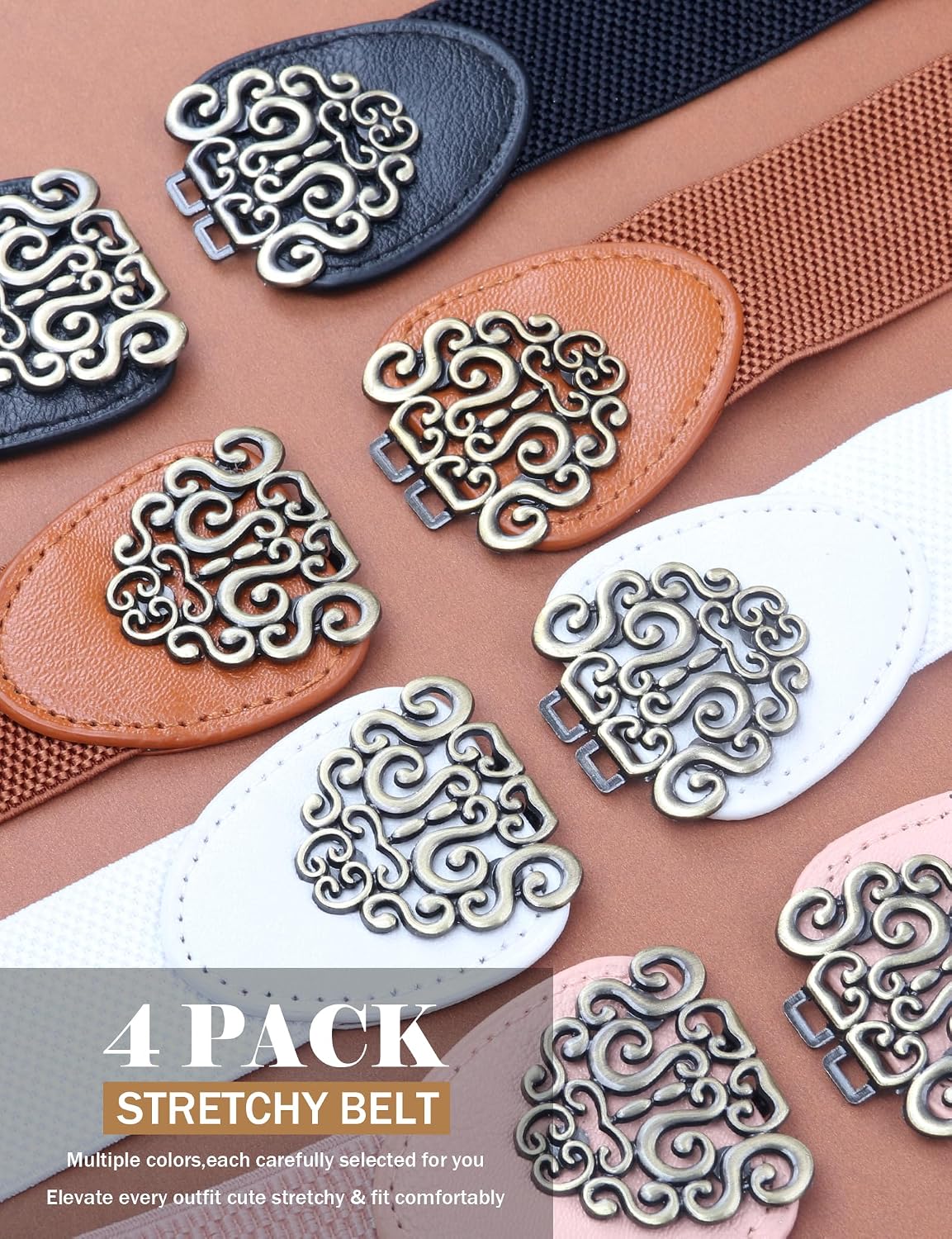 4 Pack Women Elastic Waist Belt for Dresses, Stretchy Belts for Women with Retro Buckle 1.57" Width