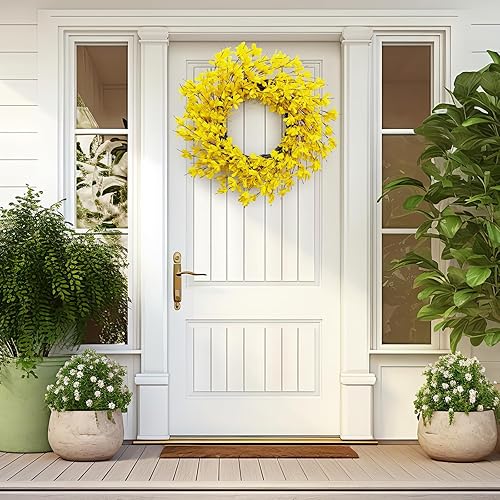 Miniatura 7 de Corona amarilla de Forsythia para puerta de Huashen de 24 pulgadas, corona de verano para puerta delantera, racimo de flores, corona de granja en