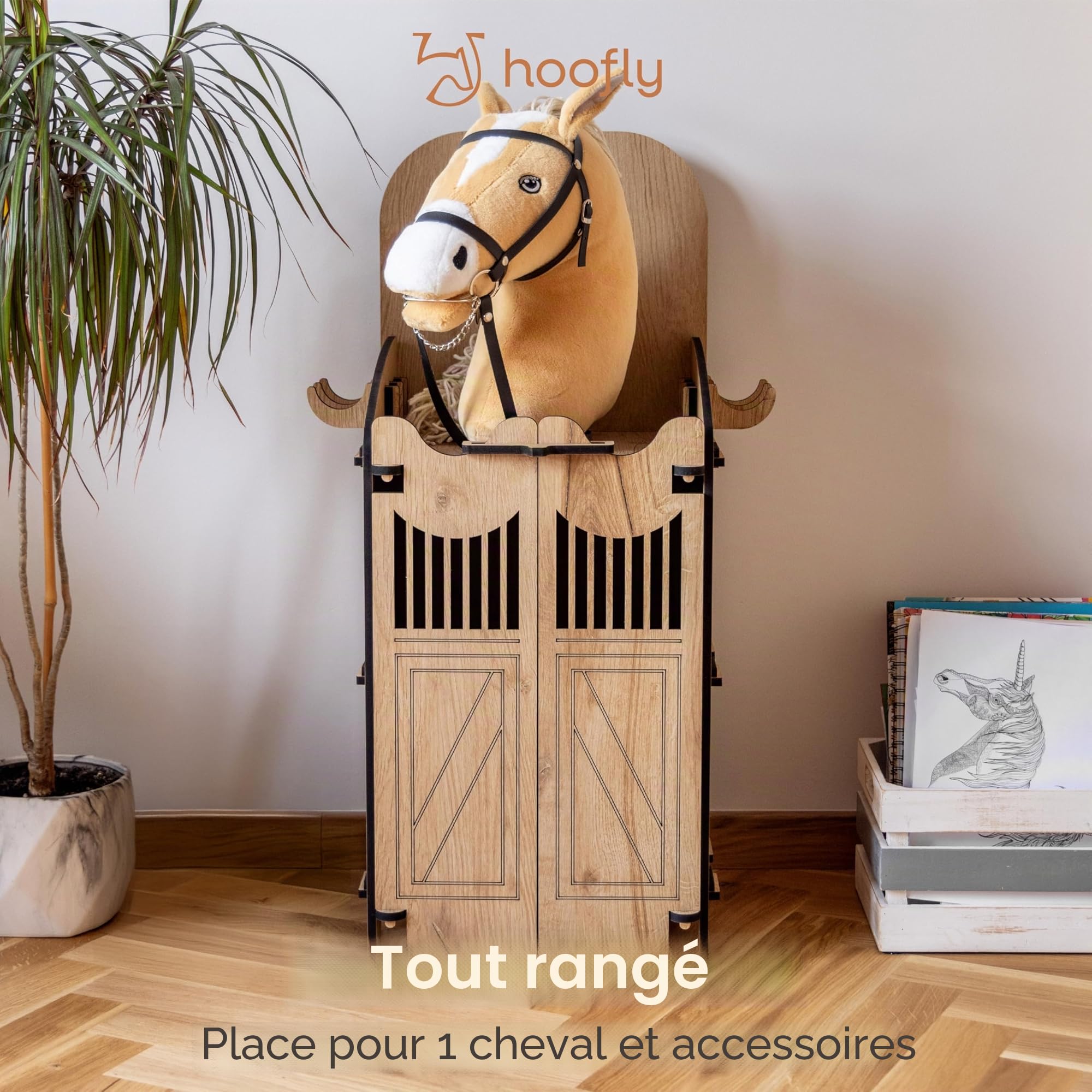 Hobby Horse Écurie – Accessoire Pratique avec Portes, Rangement & Crochets/Support Robuste pour Cheval bâton/Box en Bois pour 1 Hobby Horse