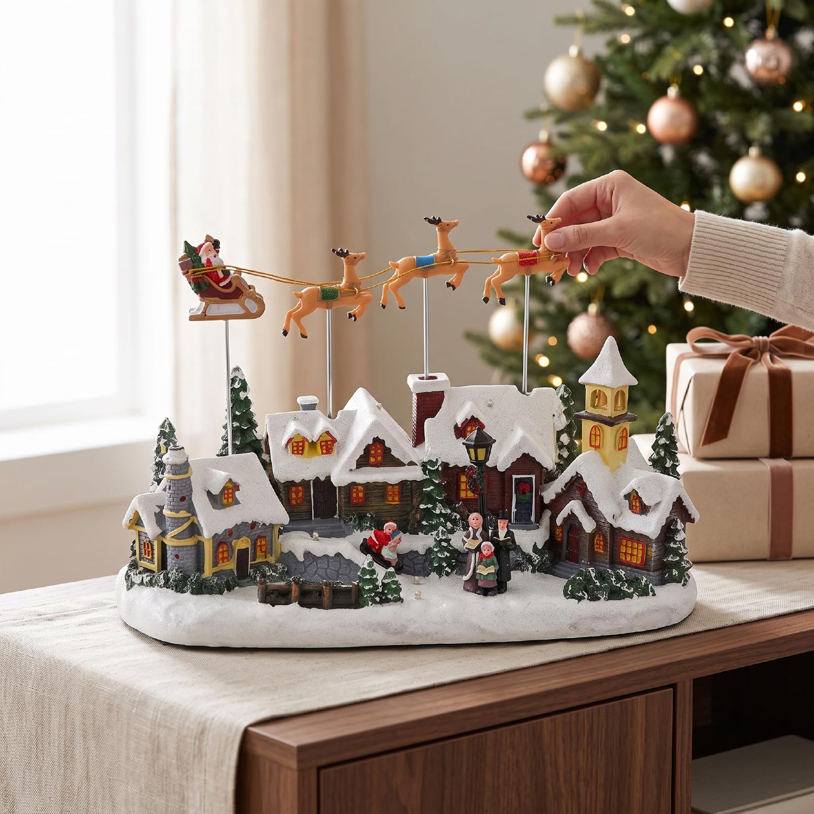 Zerodis Scène de Village d'arbre de Noël Musical animé par LED
