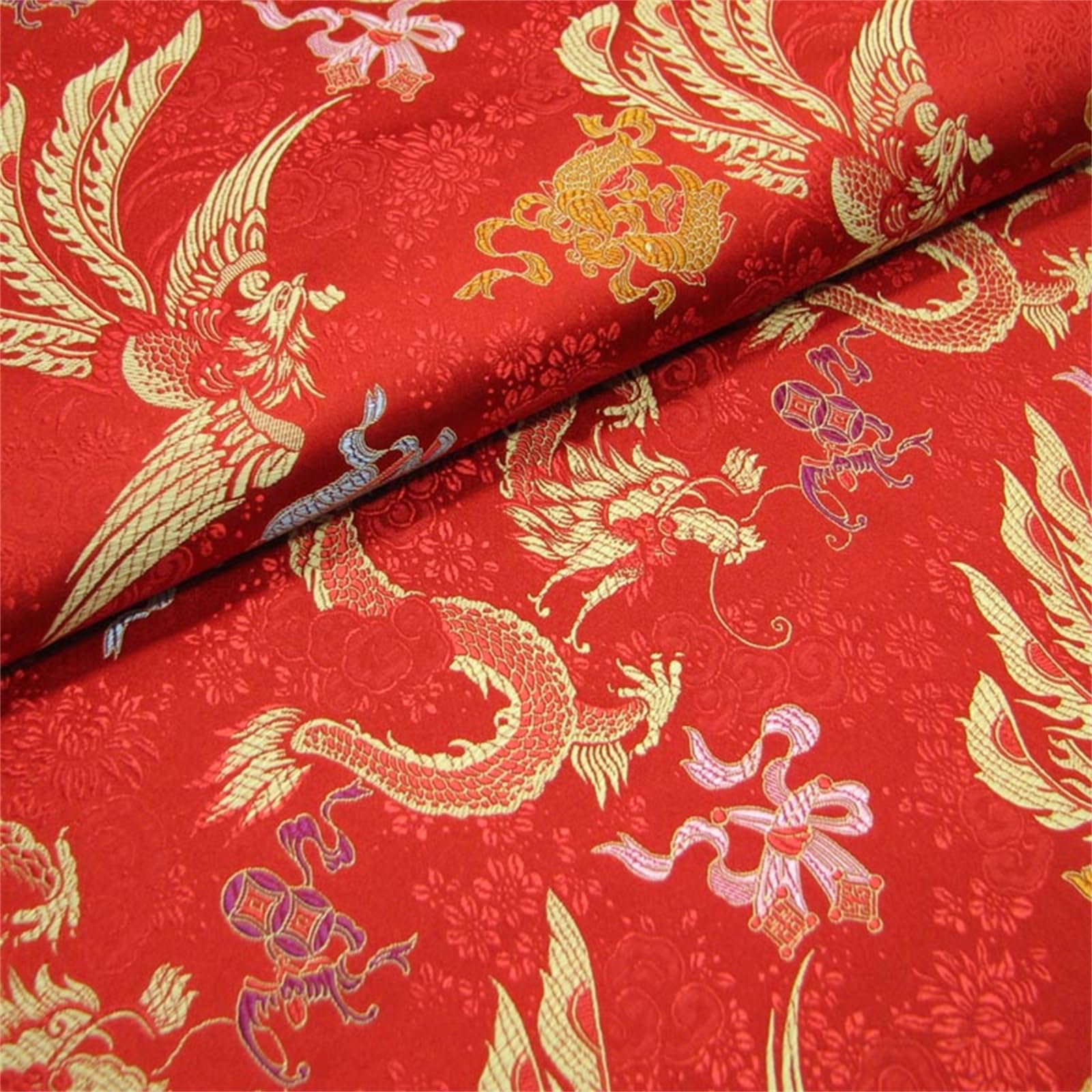 Tissu chinois traditionnel dragon jaune phénix bleu foncé jacquard 75x100