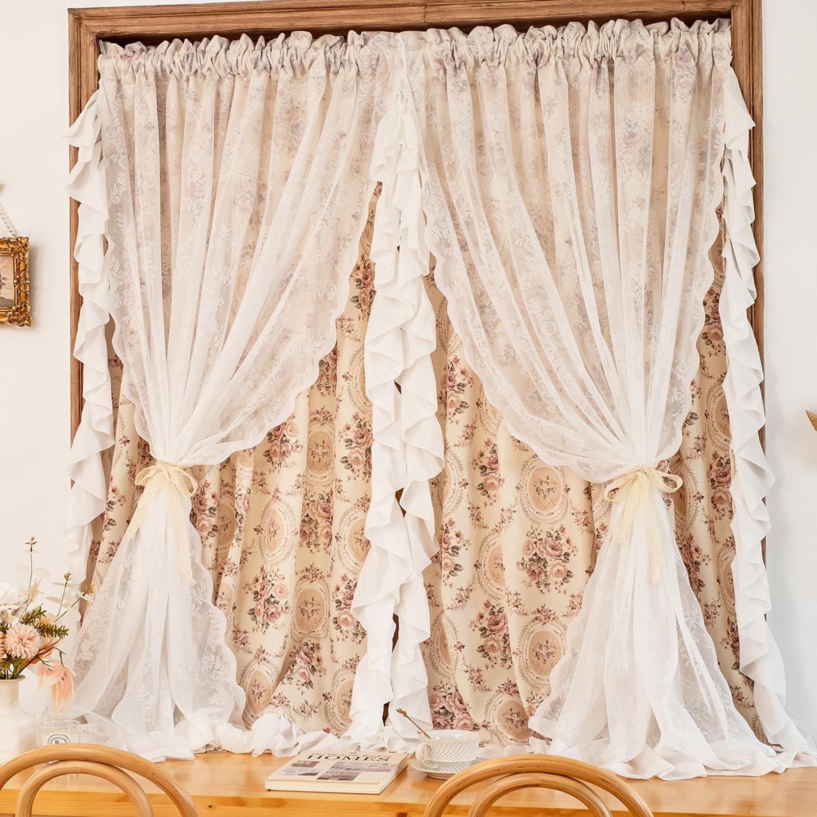 ZZYK Linen Classic Printed Kitchen Valance Living Room Farmhouse Lotus Leaf Lace Curtains Privacy Panels for Cafe Bedroom,Washed Short Window Tiers,Paste,79" W x 31" L