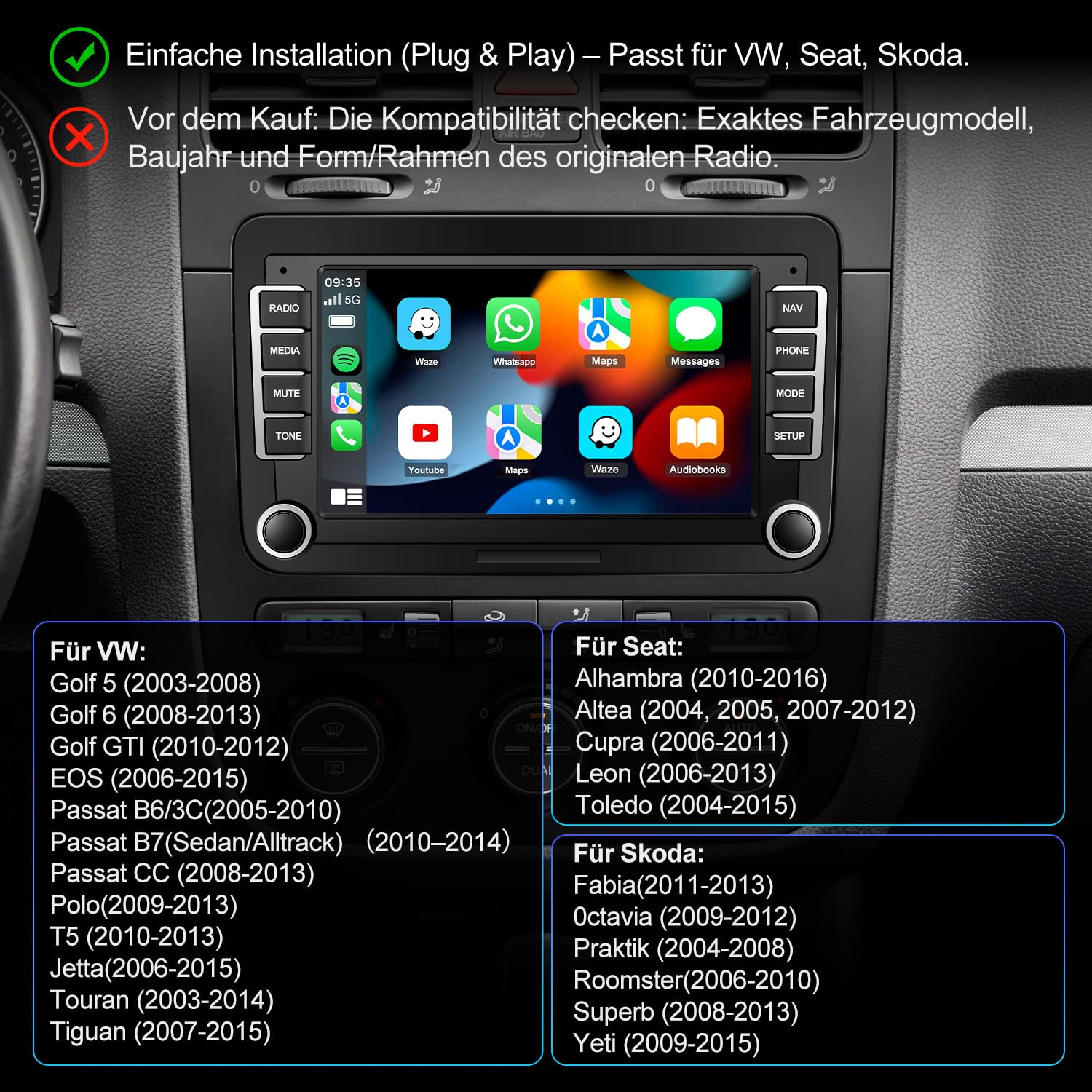 Autoradio mit Bildschirm Bluetooth für VW Polo Golf 5 6 T5 Passat Caddy Seat Skoda, 2Din Auto Radio 7 Zoll Touch Display Android 14,mit DAB Navi WLAN Carplay Android Auto Lenkrad Strg