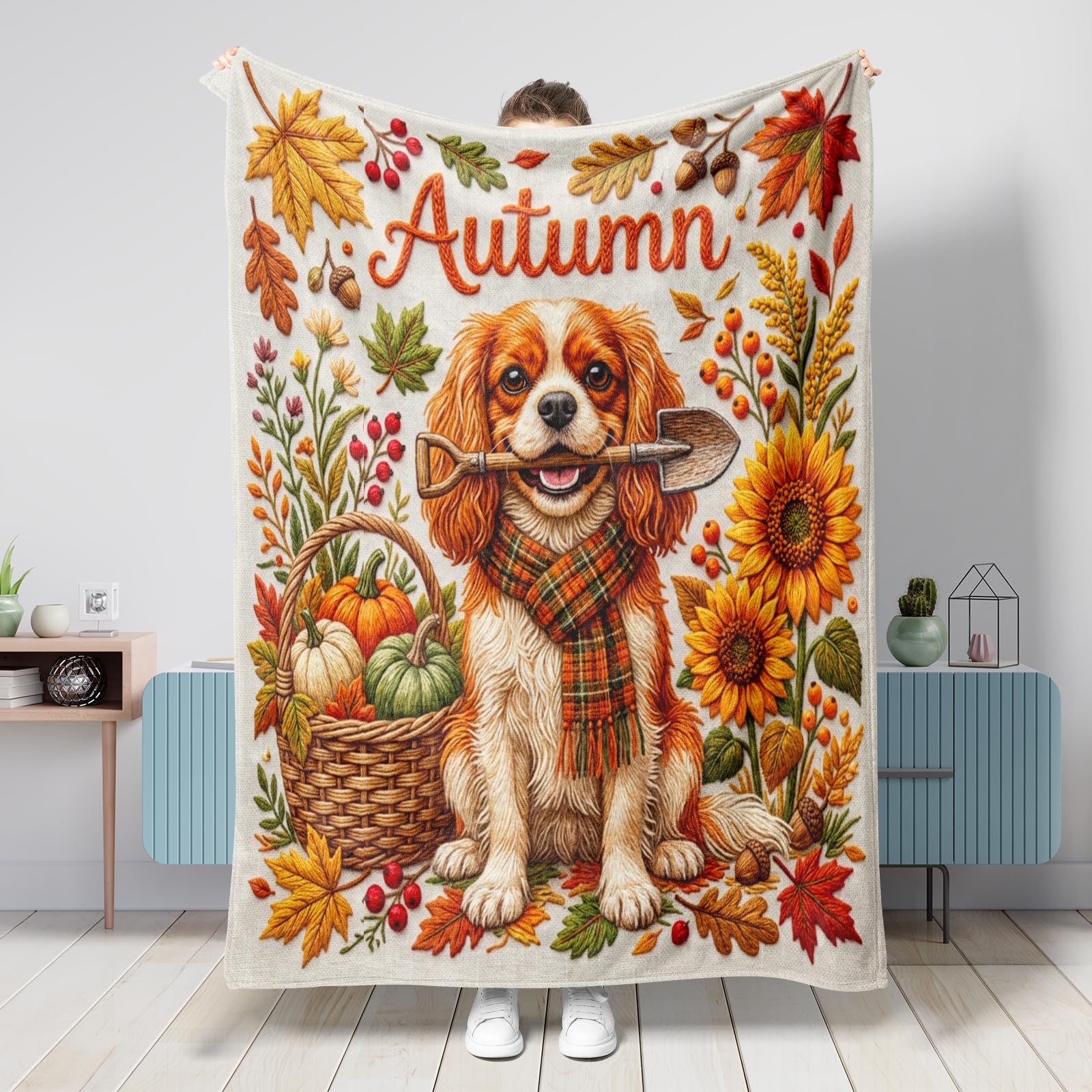 Plaid Cavalier King Charles pour canapé et camping d'automne