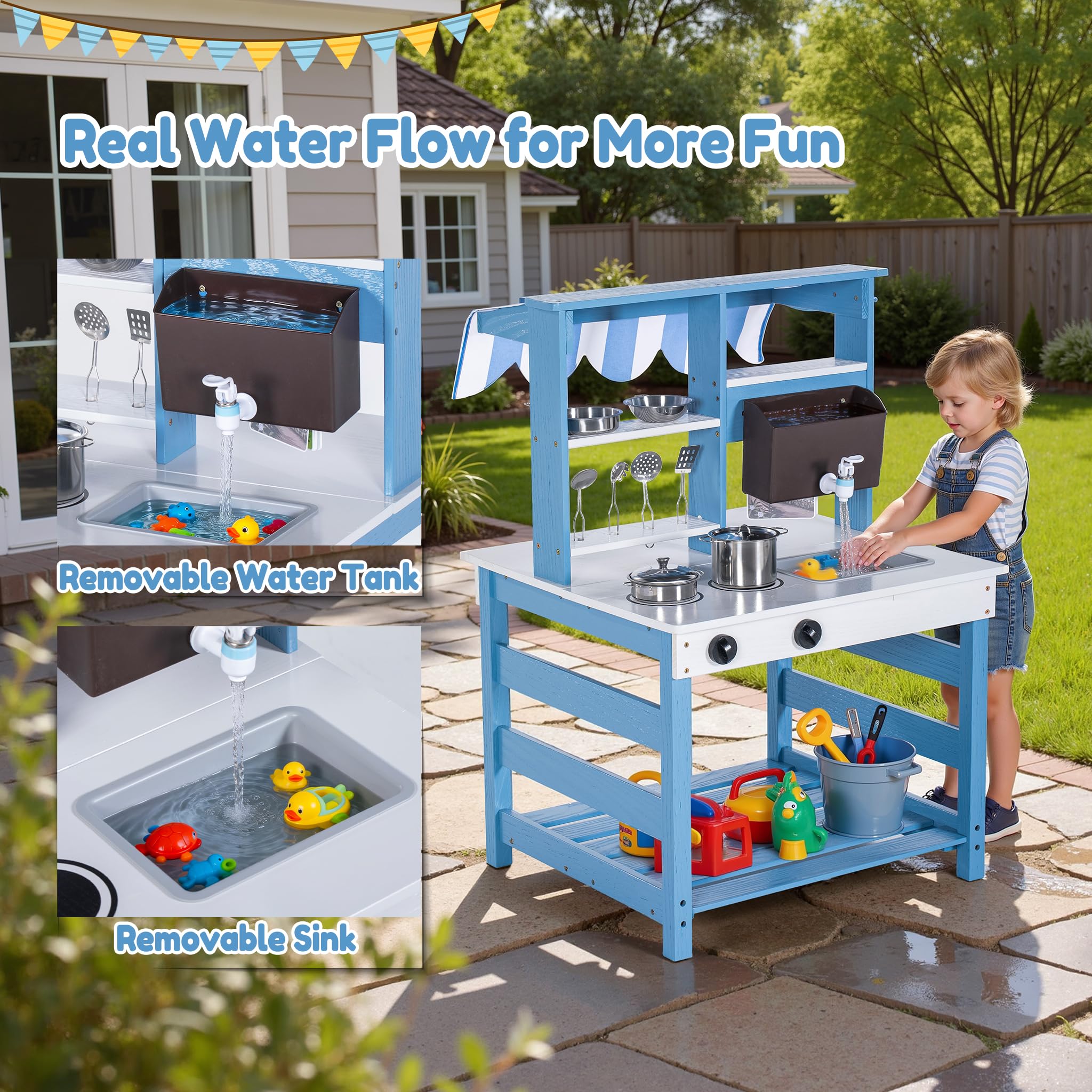 BRINJOY Schlammküche, Spielküche Kinder Zweiseitige Holz-Matschküche für draußen mit realistischem Wasserhahn, abnehmbarem Waschbecken, Kochspielzeug, Menü – Rollenspielküche für Kleinkinder (blau)