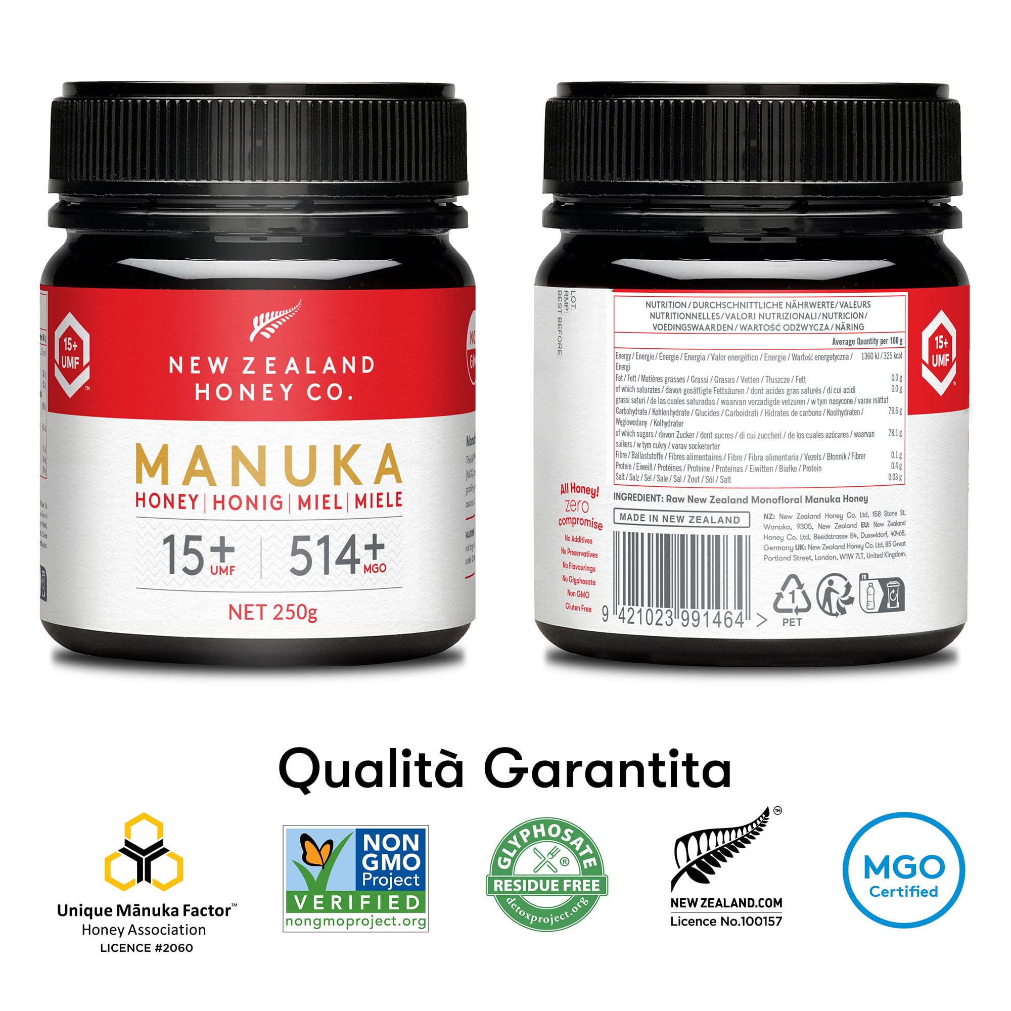 New Zealand Honey Co. Miele di Manuka MGO 514+ / UMF 15+ | Attivo e lordo | Prodotto in Nuova Zelanda | 250g