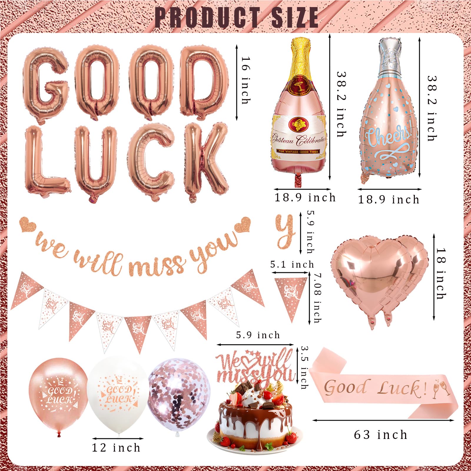 PAUBLLON We Will Miss You Banner Leaving Party Decorations with Good Luck Balloons Heart shape Balloons Triangle Flag Banner for Retirement Graduation Office Work Going Away Themed Party (Rose Gold) - Image 3