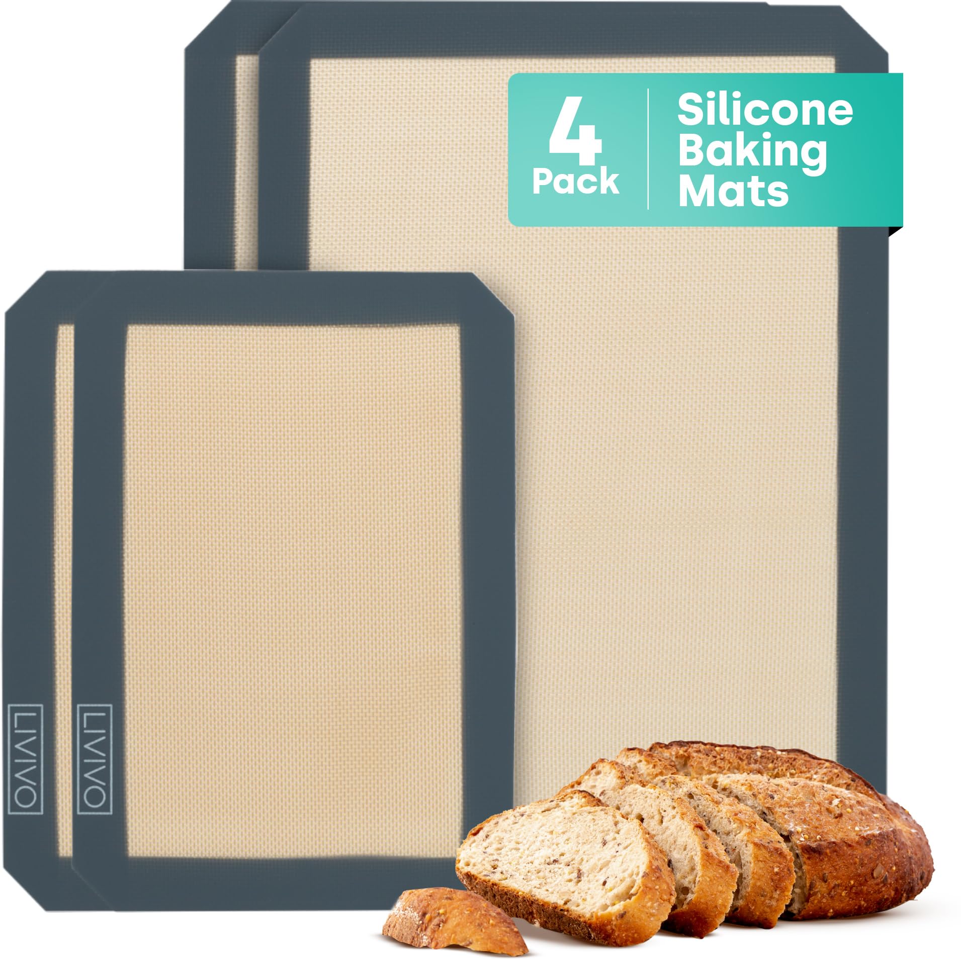 LIVIVO Silicone Baking Mat - 4 Piece Silicone Baking Sheets for Oven Non Stick - Reusable Silicone Mats for Baking Cookies, Pizza, Pastries - Easy to Use and Clean Pastry Mat Baking Essentials