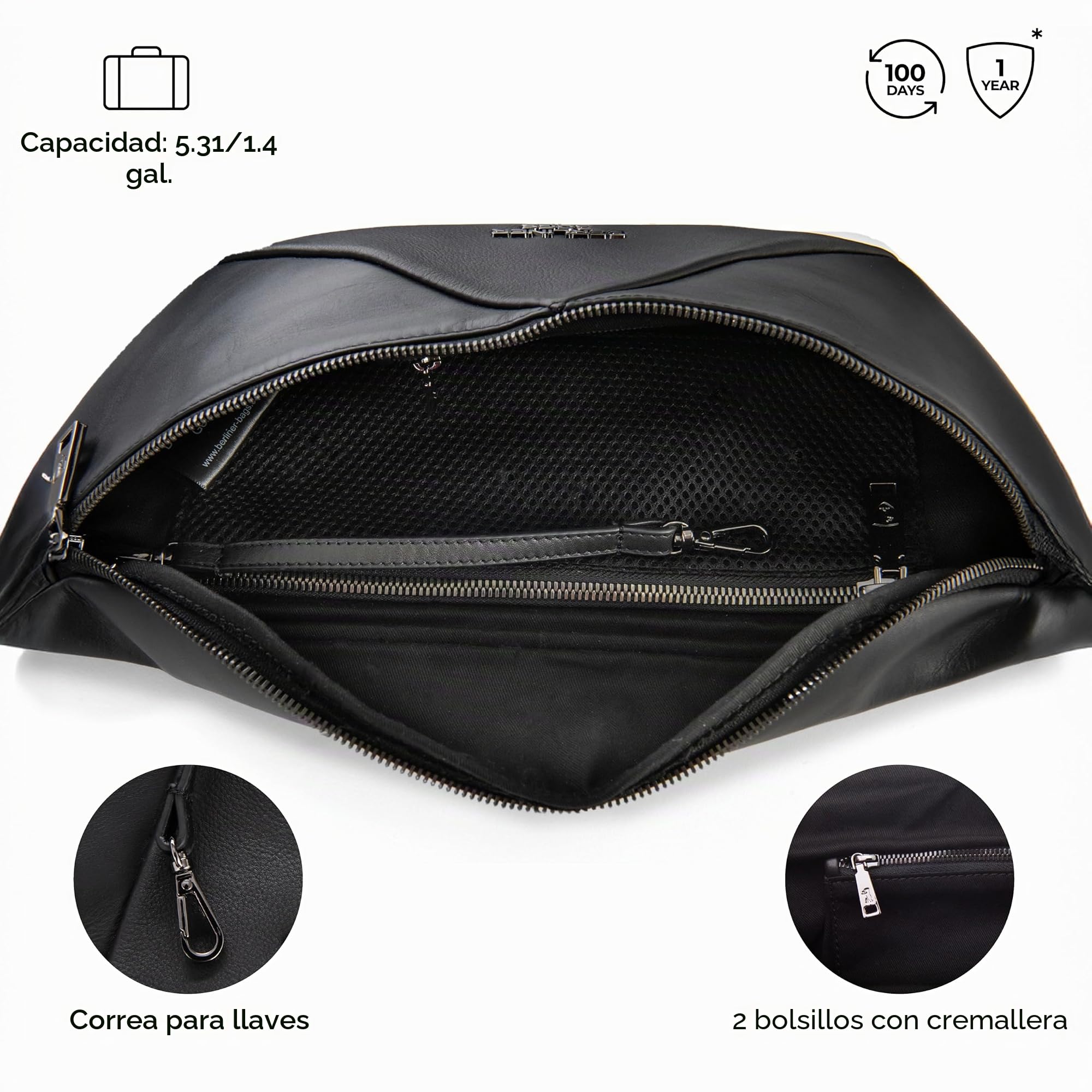 Berliner Bags Feline Riñonera de Piel Auténtica, Bolso Bandolera Crossbody Unisex con Bolsillo Trasero, Cremalleras YKK y Correa Ajustable – Negro