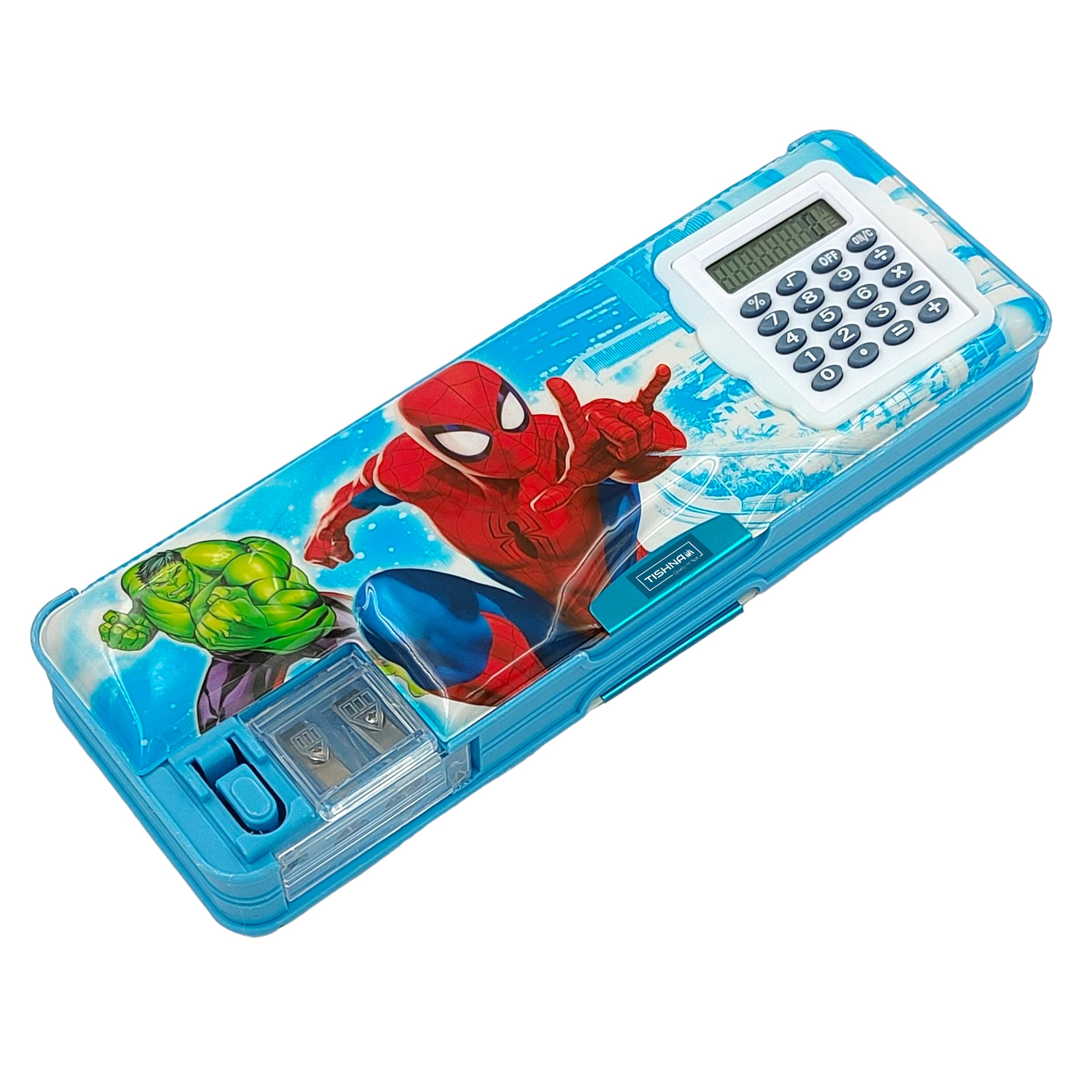 TISHNA Spiderman Art Pencil Box: Magnetic Lock, Inbuilt Calculator, and Dual Compartment Organizer with Enchanting Spiderman Artwork