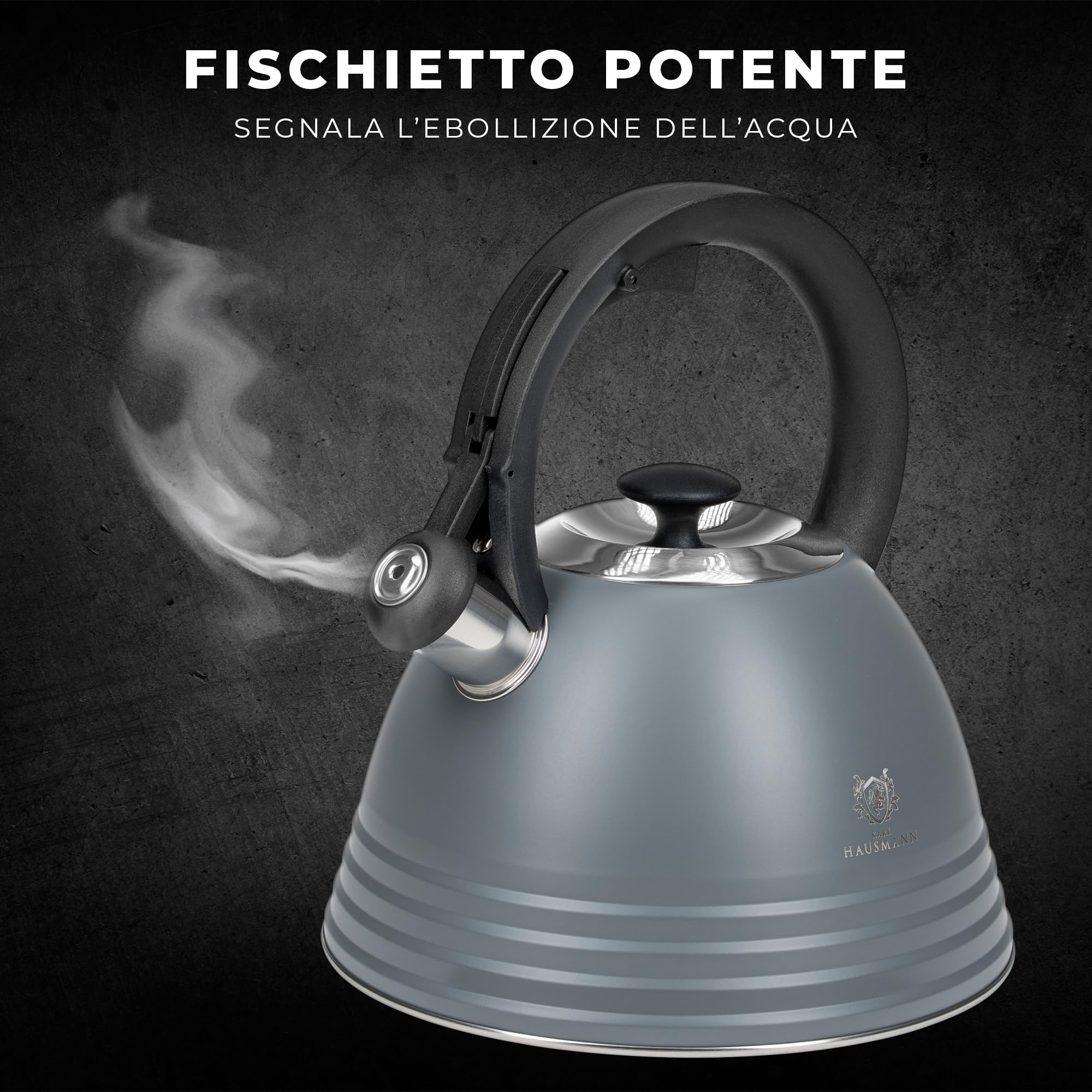 KARL HAUSMANN Bollitore Induzione 3L Acciaio Inox con Fischio - Grigio Teiera per Piano a Gas, Vetroceramica ed Elettrico - Bollitore Acqua Cucina con Coperchio