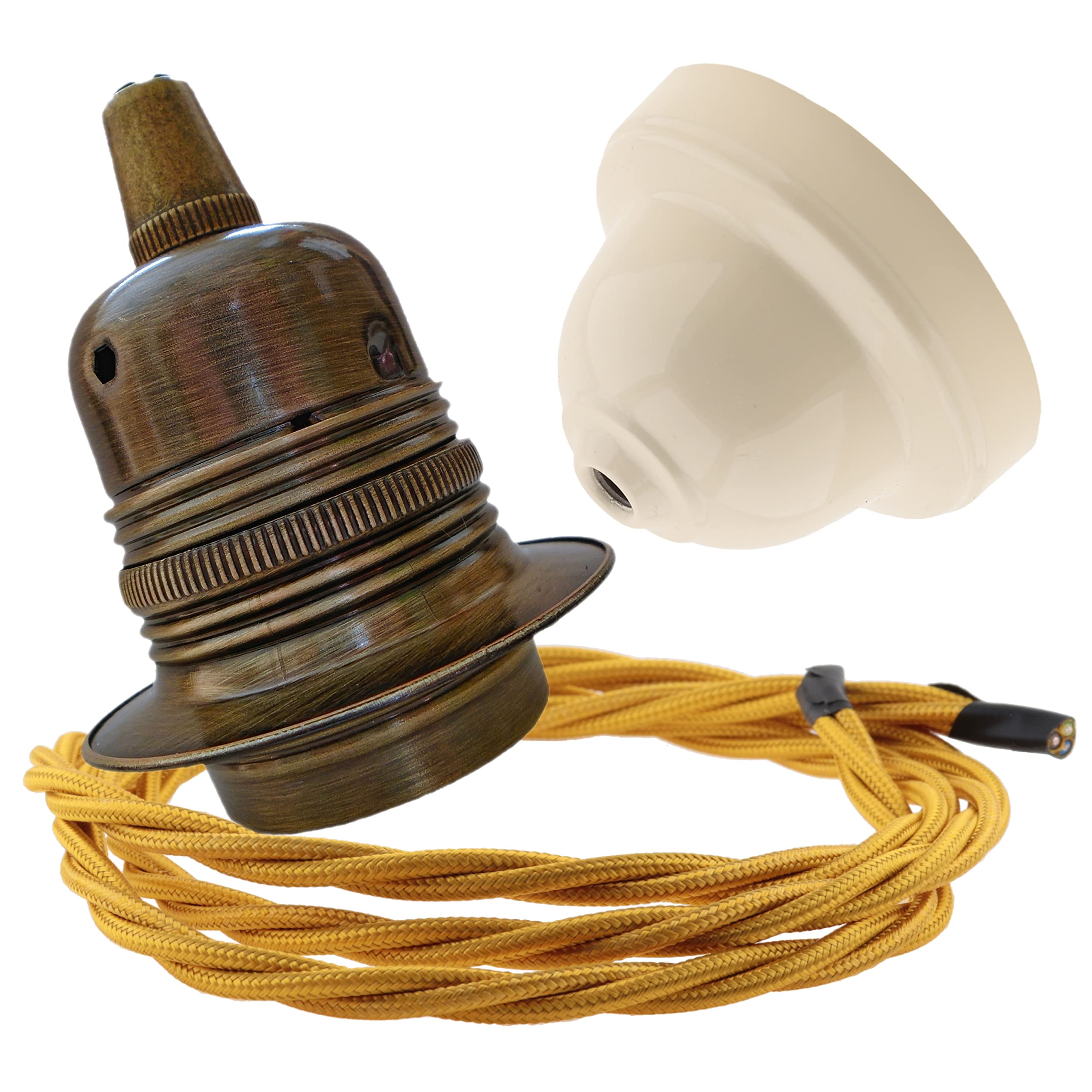 Repaireum Ltd. Pendant Kit with Ivory Bakelite Ceiling Cup E27 Antique Brass Lampholder and Gold Flex