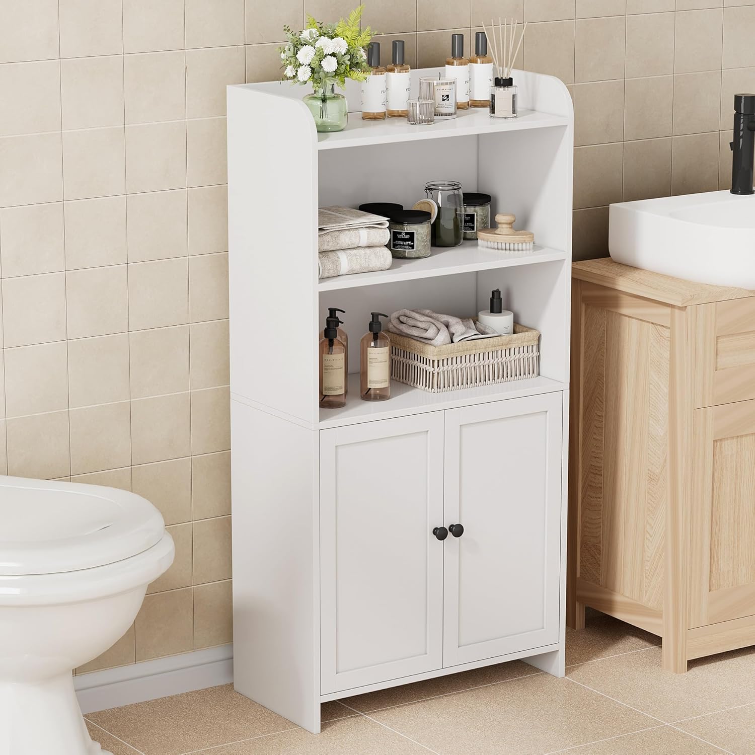 Homhedy Small Bathroom Storage Cabinet, Freestanding Toilet Paper Storage with 2 Doors and Shelves, Bathroom Organizers and Storage for Small Spaces, Laundry Room, 9.8" D x 19.7" W x 39.9" H, White White 9.8" D x 19.7" W x 39.9" H