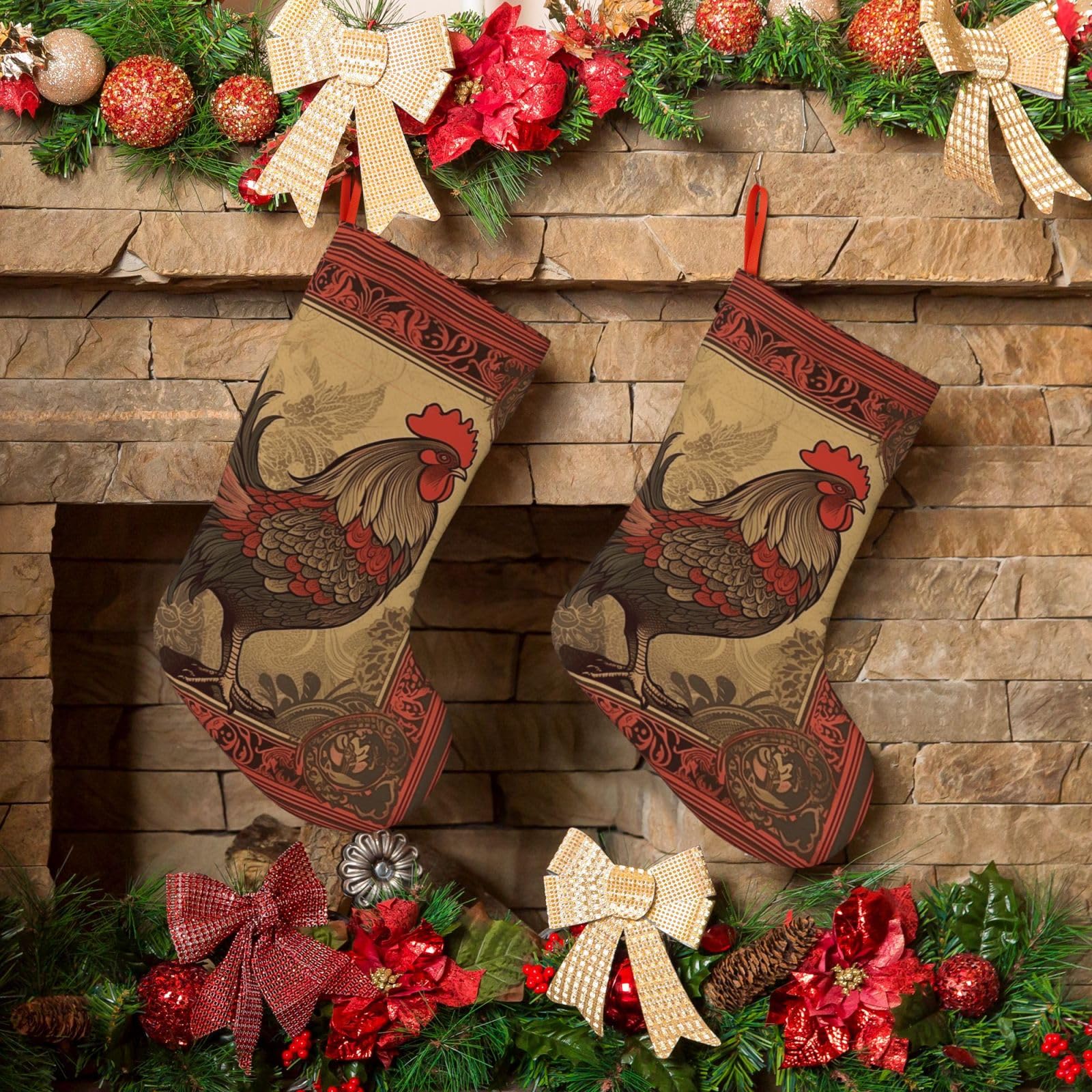 KLOPH Christmas Stockings 18" Personalized Xmas Stocking Old Rooster Illustration Decoration Stockings Hanging Ornaments Fireplace Stocking for Holiday Xmas Tree Christmas Decor