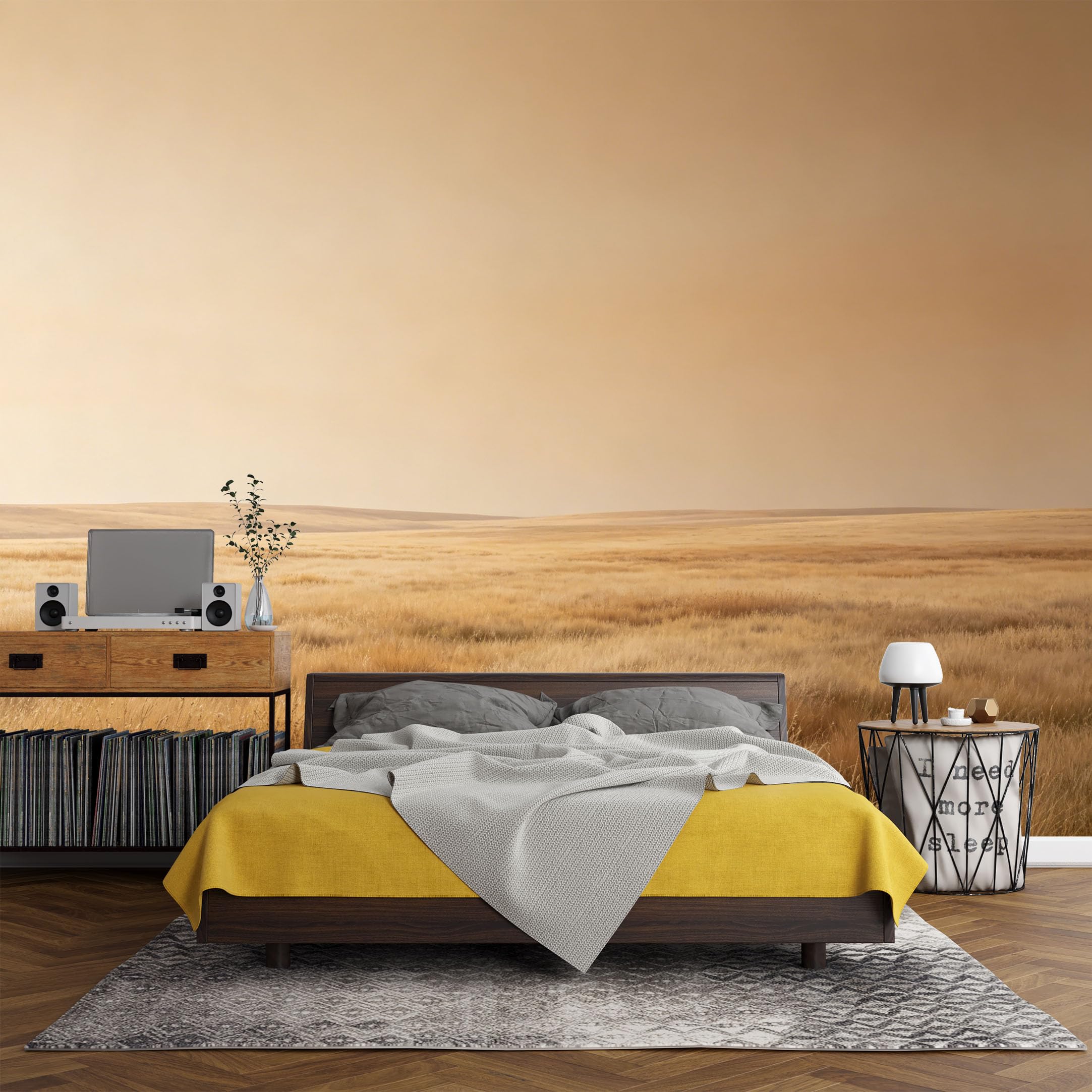 Custom Size Wall Mural， Minimalist Golden Prairie Horizon Landscape，SelfAdhesive Art Prints wall Fabric (No PVC) Removable Wallpaper Living Room Decor
