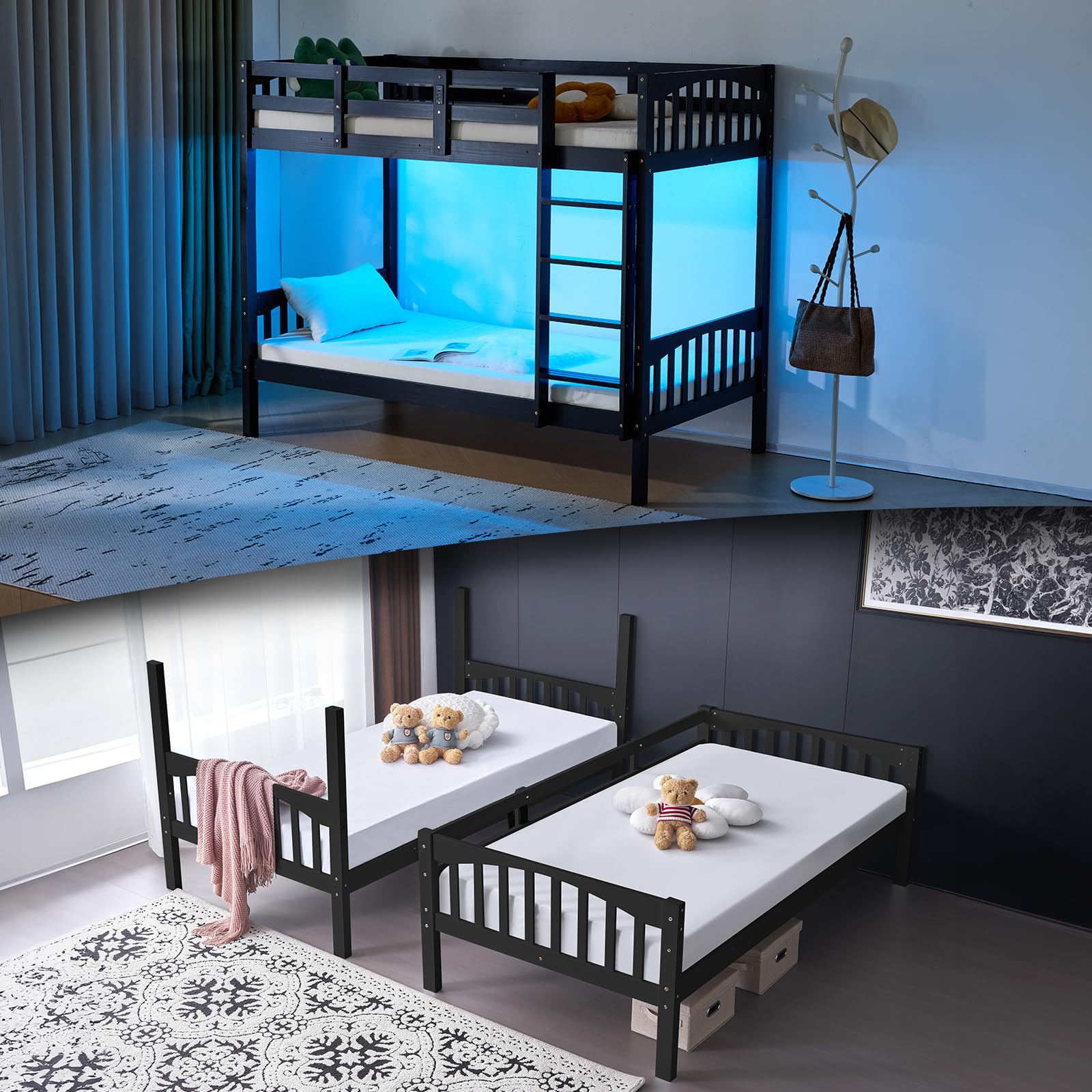 VINGLI Solid Wood Bunk Bed Twin Over Twin, Bunk Beds with Storage Underneath for Kids and Adults with LED Lights/USB Port Charging Station/Extra 15 inches Tall Guardrail,Black