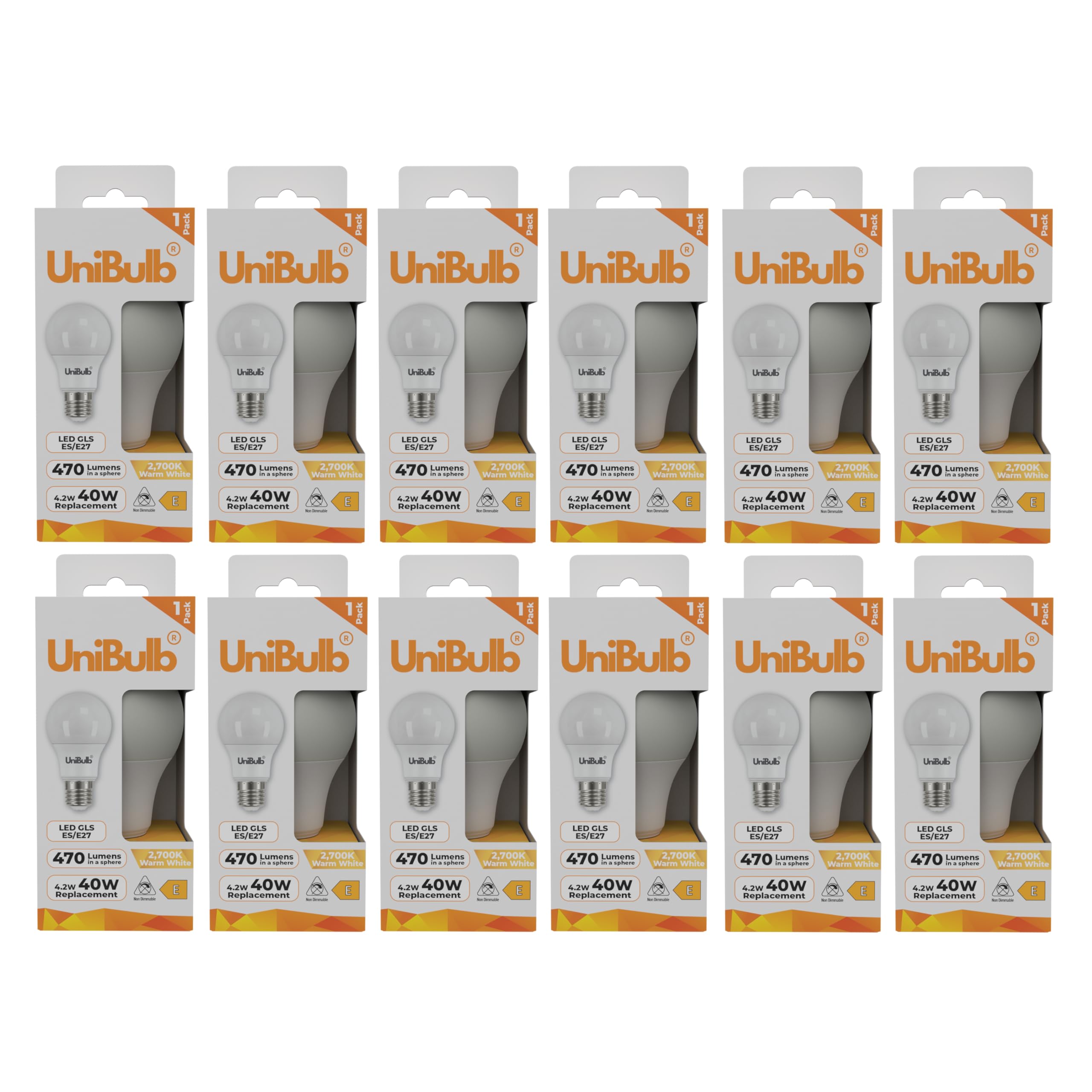 Unibulb E27 Edison Screw (ES) LED Light Bulb, 470 Lumens, 4.2W, 2700K Warm White, Replaces 40W, 25yr Lifespan, Non-Dimmable (12)