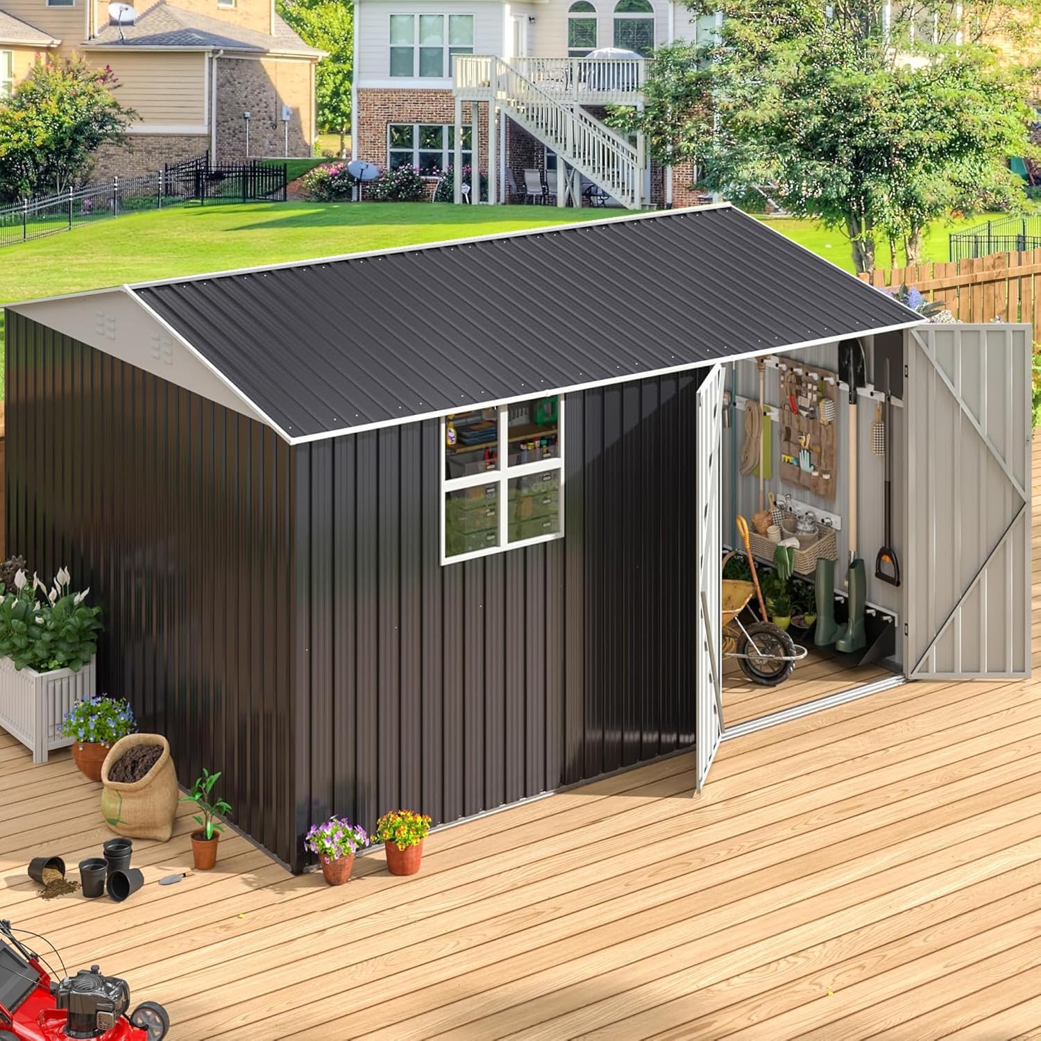 Polar Aurora 10X12 FT Metal Outdoor Storage Shed with Window, Heavy-Duty Galvanized Steel Garden Shed with Lockable Doors and 4 Vents, Large Weatherproof Tool Shed for Backyard Patio Outside, Black
