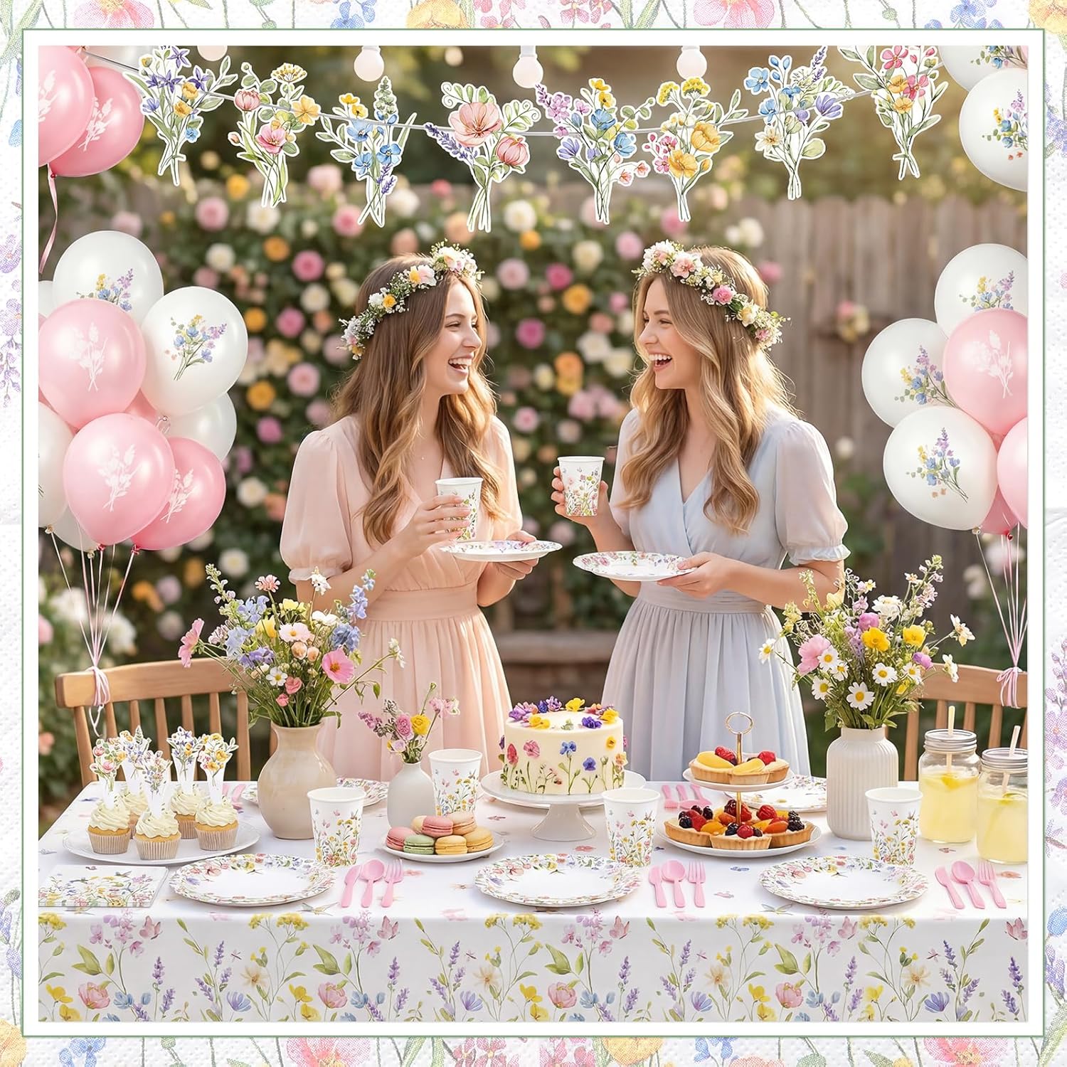 NatNarr 213Pcs Wildflower Party Decorations Include Spring Floral Plates and Napkins, Tablecloth, Banner, Cake Toppers,Balloons for Baby Bridal Shower Floral Birthday Garden Party