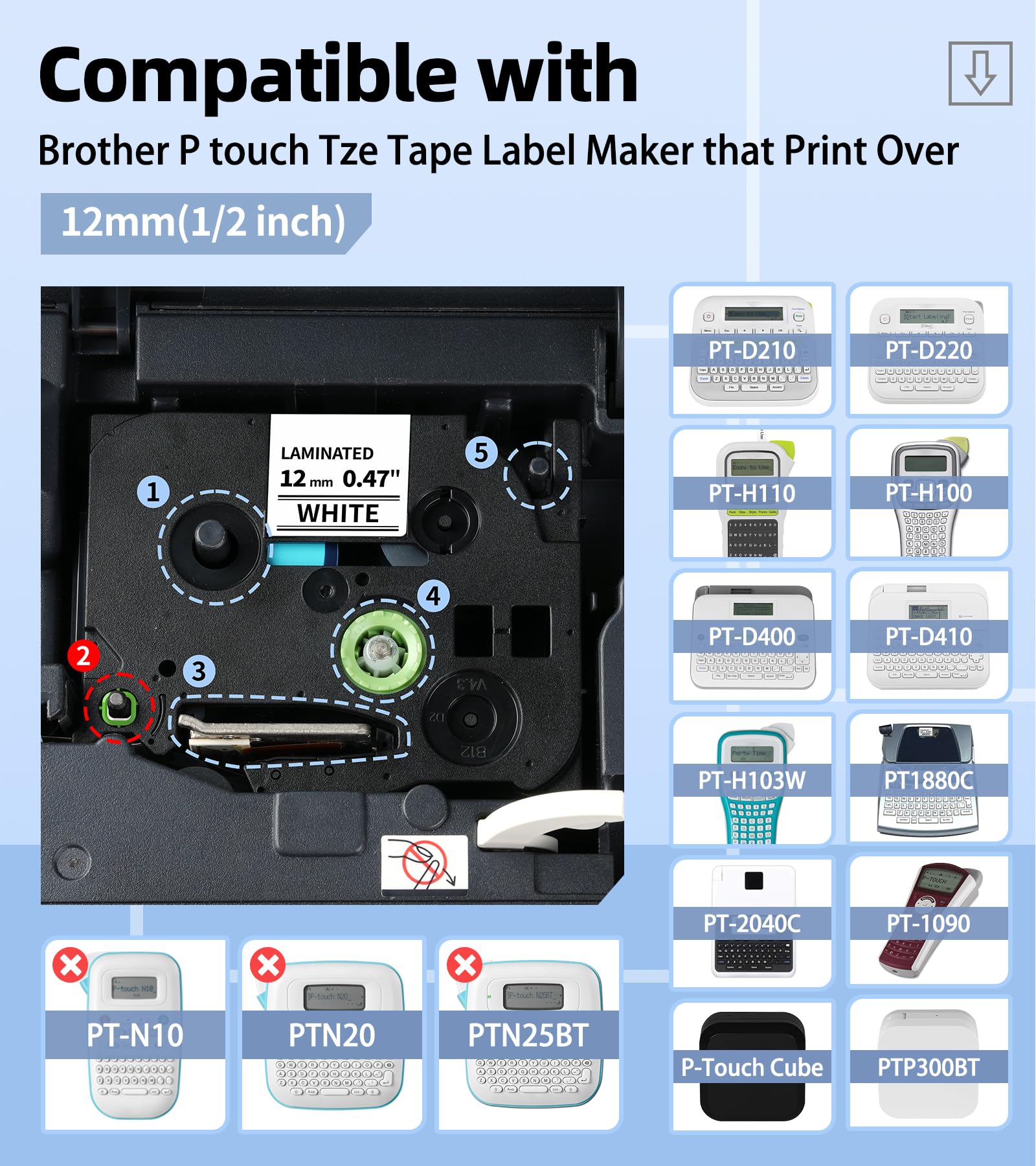 MarkDomain Label Maker Tape 12mm 0.47 Laminated White TZe Tz TZe-231 Compatible with Brother Label Maker P-Touch PT-D210 PT-H110 PT-D220 PT-1880 1/2