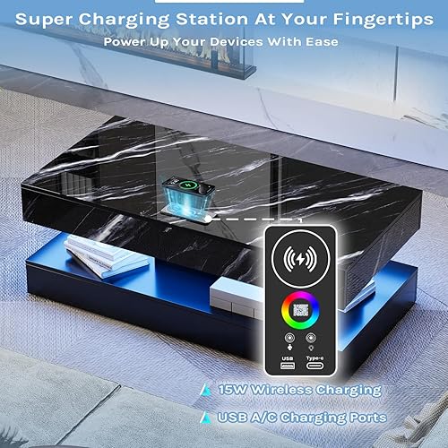 Miniatura 6 de Mesa auxiliar grande de 47.2 pulgadas con LED de alto brillo con 2 cajones deslizantes, mesa inteligente para sala de estar con carga inalámbrica y