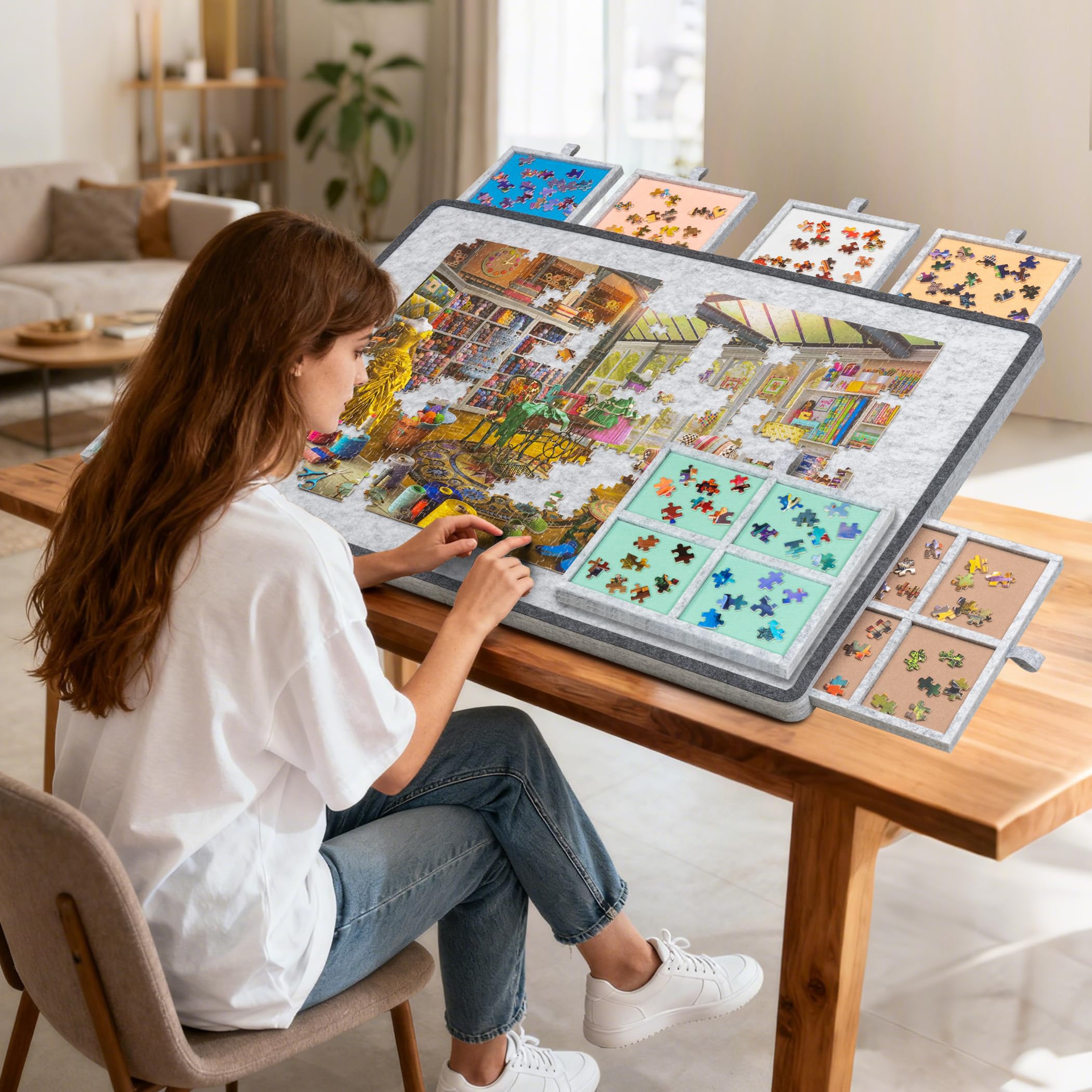 Planche à puzzle inclinable de 1500 pièces avec 6 tiroirs colorés et couvercle, table de puzzle pliable avec chevalet/support intégré réglable sur 3 positions, plateau de jeu léger pour adultes