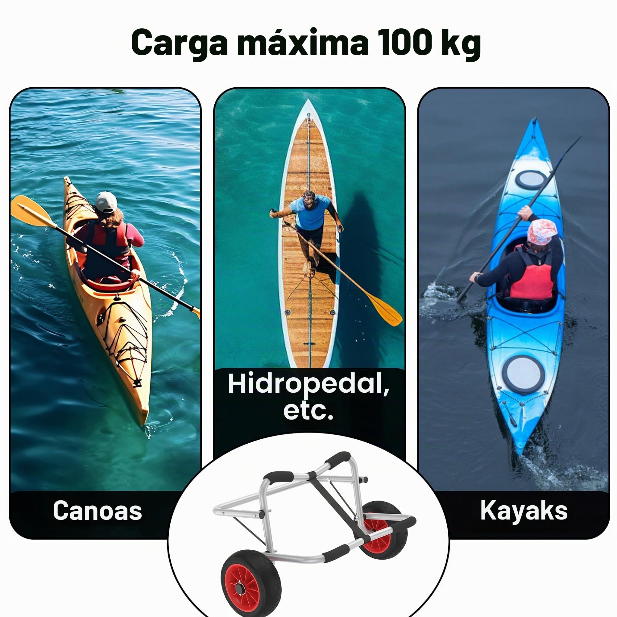 UISEBRT Carro para kayak plegable Carro para canoa plegable con capacidad de carga de hasta 100 kg con 3m de correas Cinturones de transporte de aluminio para SUP Carro para bote neumático, canoa