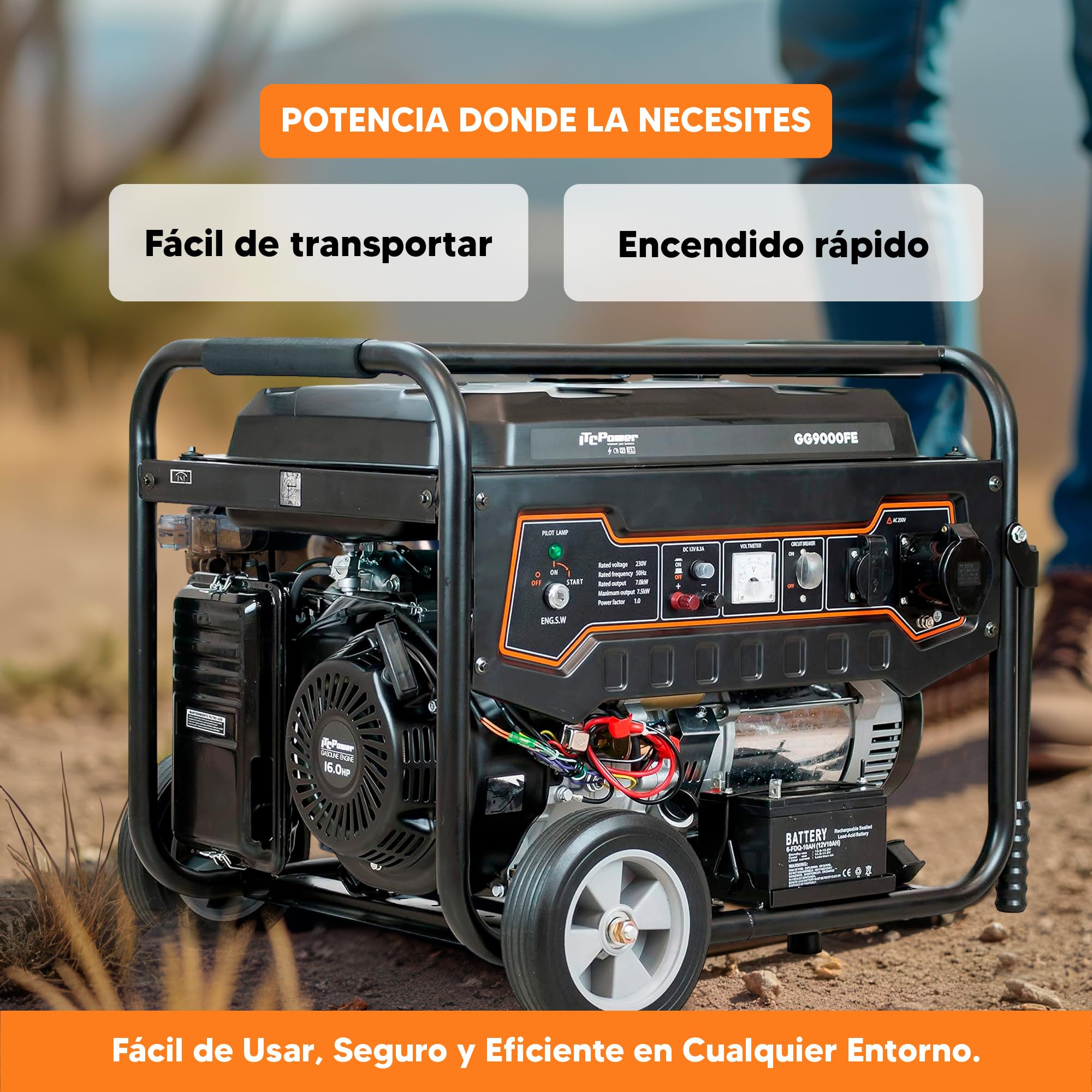 ITCPower Generador Gasolina 7500W con Autonomía 18h - Generador Eléctrico Profesional con Arranque Eléctrico - Estabilidad de Voltaje con Sistema AVR - Generador Silencioso con Kit de Ruedas