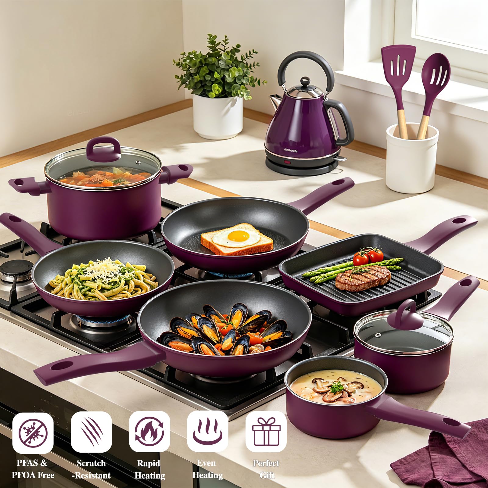 Pots and Pans Set Nonstick, Umite Chef 31-Piece Induction Cookware & Bakeware Set with Frying Pans, Saucepans, Casserole, Steamer, Baking Set & Utensils, PFAS-Free Kitchen Starter Set (Purple) view 6