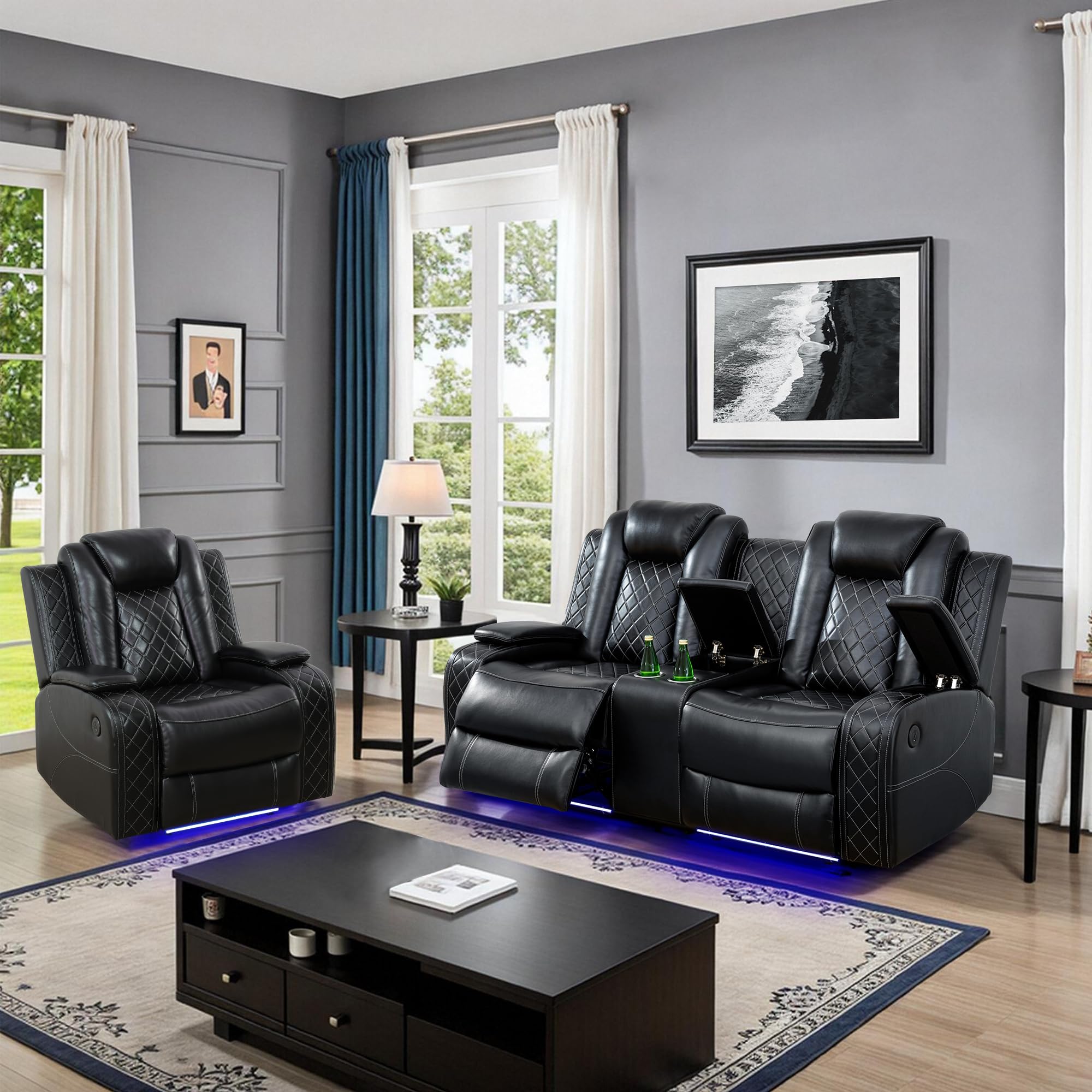 JBXBER Power Recliner Sofa Sets for Living Room, Leather Recliner Sofa Set with LED Light, Console Storage, Cup Holder for Home Theater Seating(