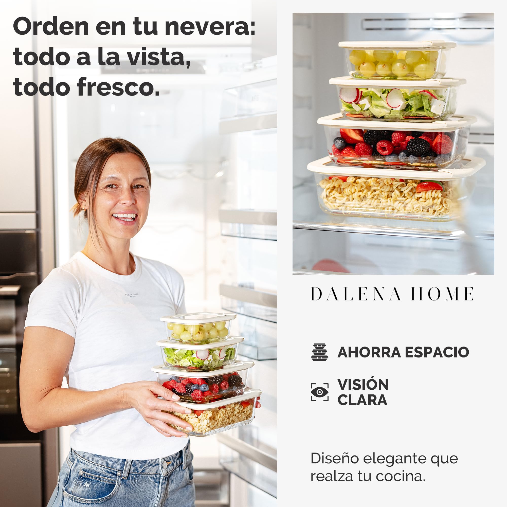 Recipiente Vidrio Borosilicato con Tapa, Set 4 (370ml, 640ml, 1020ml, 1520ml) – Fiambrera Cristal, Contenedor de Alimentos, Conservación Nevera, Organizador Cocina