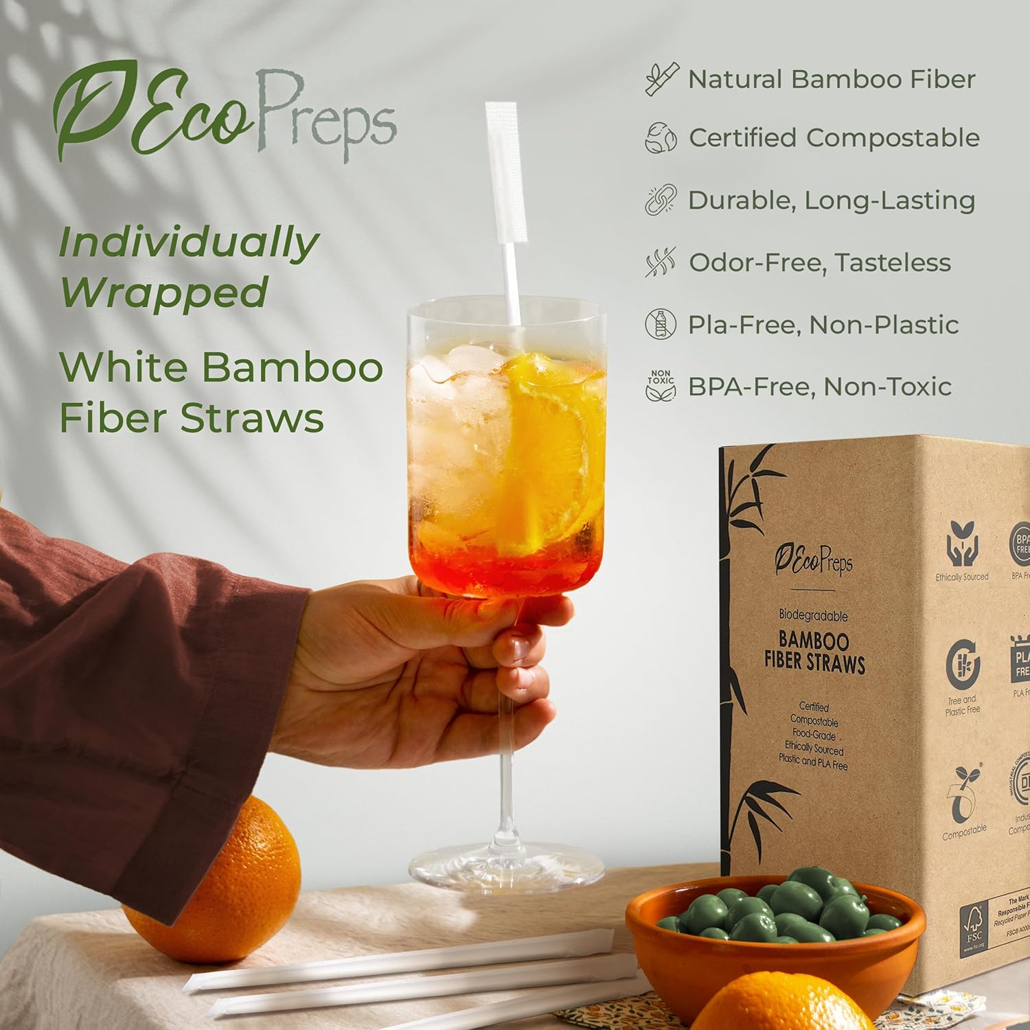 EcoPreps Biodegradable Bamboo Fiber Straws, Plastic-Free Individually Wrapped Straws | 300 Count, 100% Compostable, Eco-Friendly Drinking Straw | 7.8'' Plant Fiber Disposable Straw in White Paper Wrap