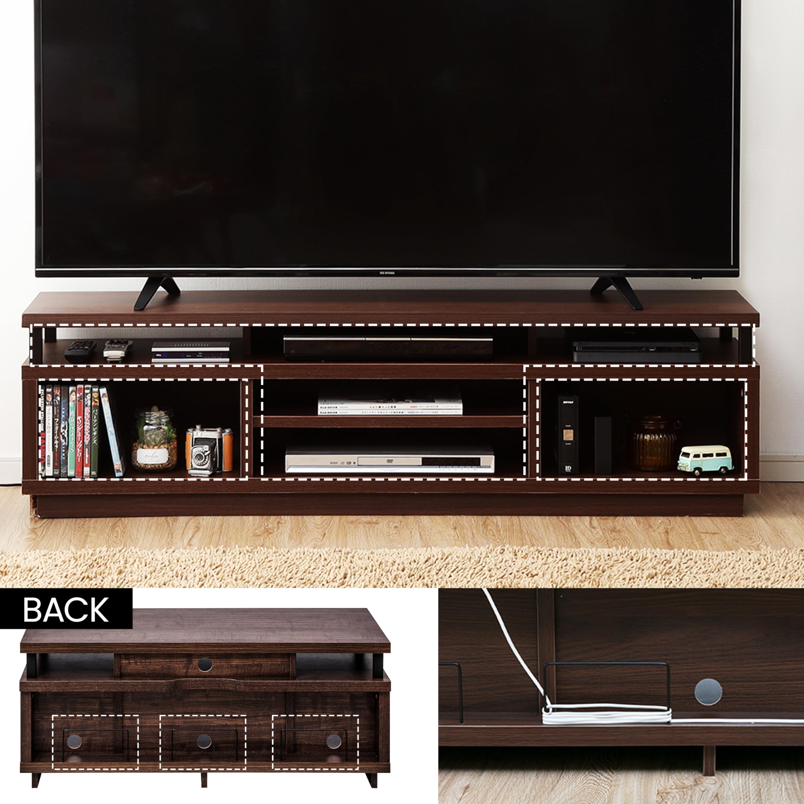 Iris Ohyama, Porta TV/Mobile TV/TV Porta TV in legno/Porta TV con 5 ripiani aperti/TV fino a 65, Legno massello, fori passacavi, Ufficio, Soggiorno - TV Cabinet Middle OTS-150M - Marrone
