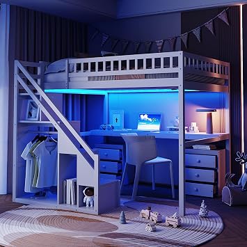 Quarte Full Size Loft Bed with Two Chest of Drawers, Desk and Light Strip, Space-Saving Wood Loft Bed for Kids Bedroom Furniture White/D1, Full